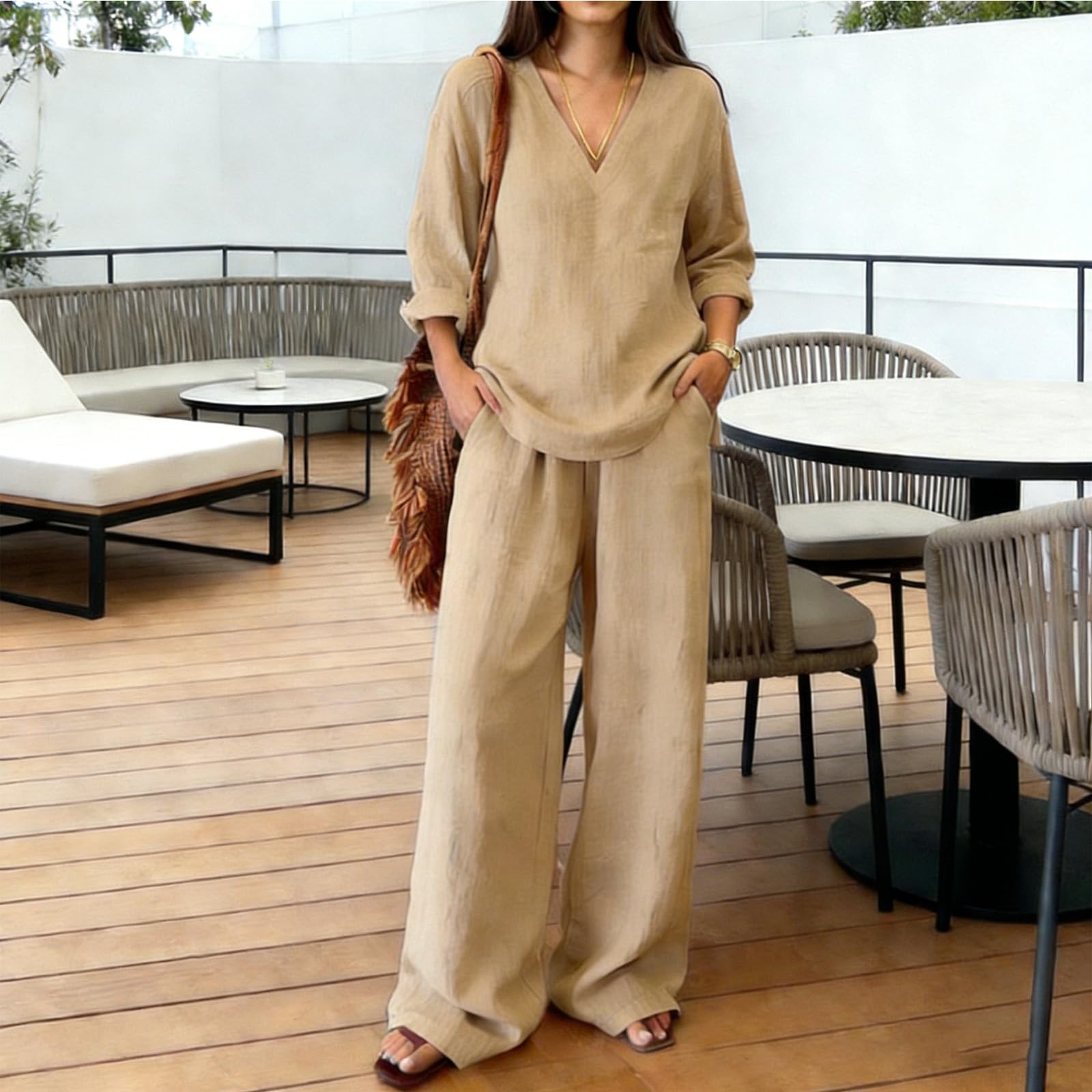 Genérico Conjunto Lino Mujer Verano 2 Piezas Sueltas Algodón y Lino Traje de Primavera Ligero Chándal Blusa Manga Larga Pantalones Moda Tallas Grandes Ropa de Playa Vacaciones Deportivo Casa Trabajo