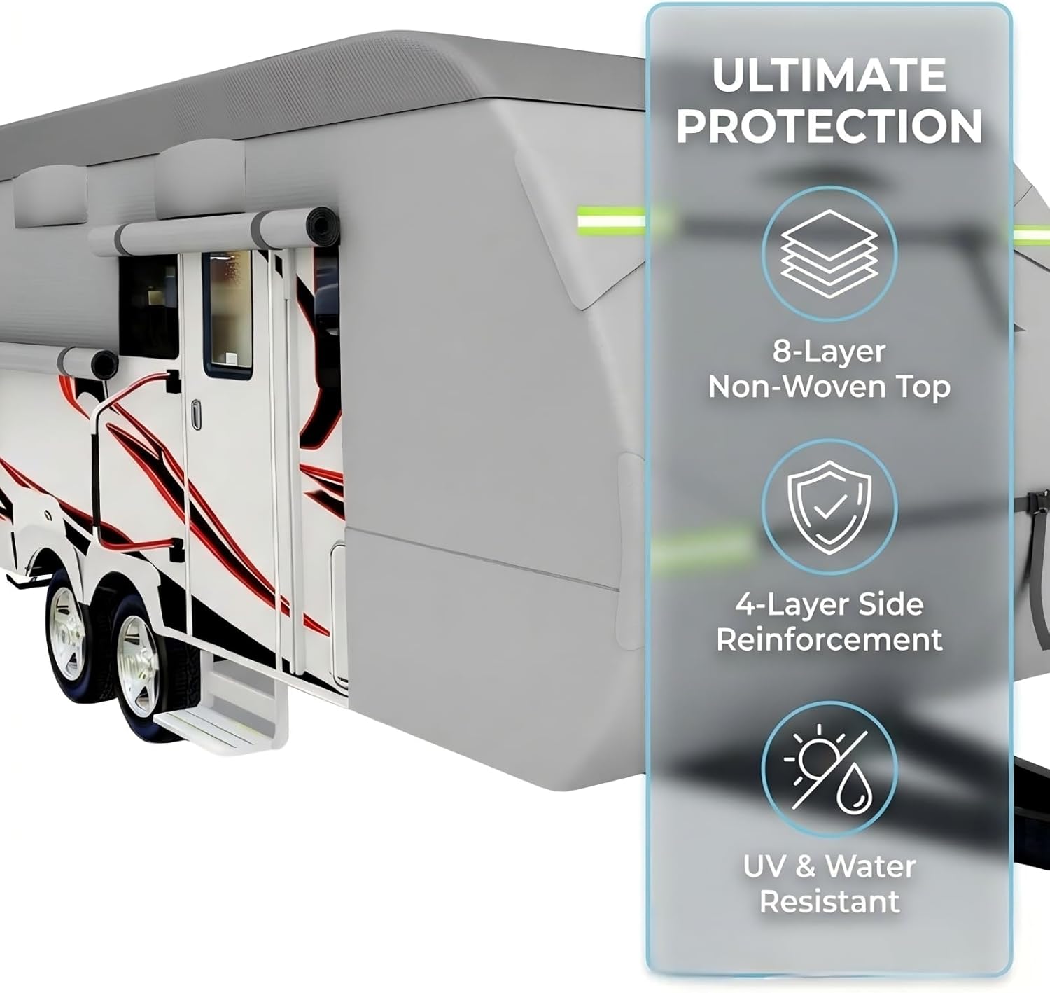 Travel Trailer RV Cover, Upgraded 8 Layers Top Travel Trailer Cover Fits 24 to 27 Feet RV, Waterproof Camper Cover with 4 Tire Cover & Tongue Jack Cover Extra Windproof Ropes, Gutter Covers