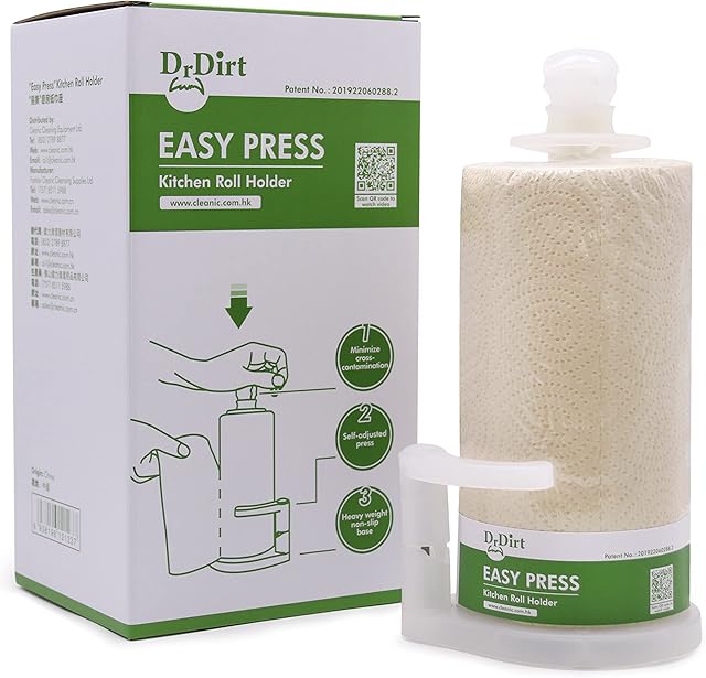 Dr.Dirt Kitchen Roll Holder, Countertop Paper Towel Holder with Heavyweight Non-Slip Base and Self-Adjusted Spring Arm, Fits Height Less Than 9 Inches Paper Towel Roll, Help Saving Consumption