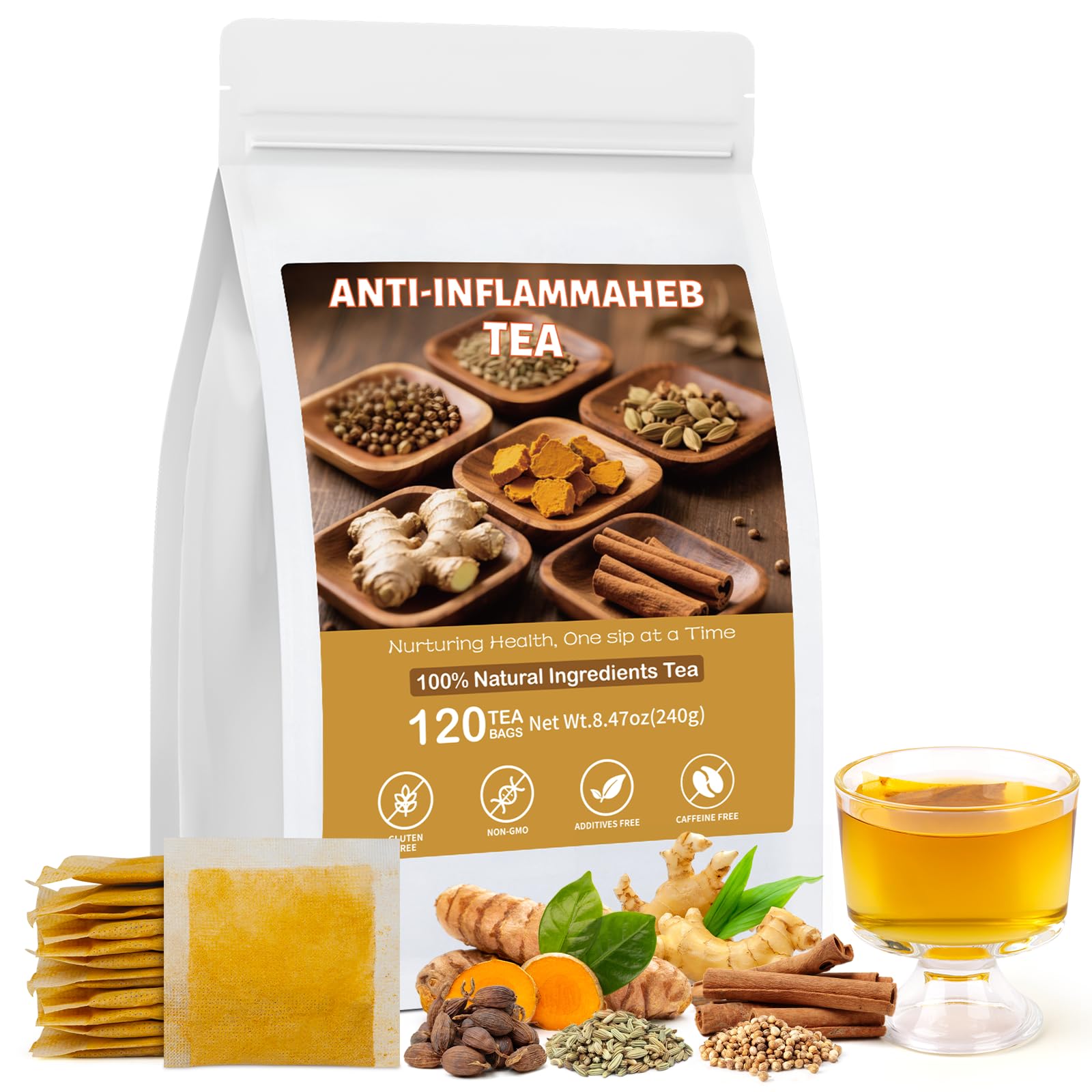 Anti-Inflammaheb Tea, 100% Natural Inflammation Tea from Premium Turmeric, Ginger, Cinnamon, Cardamom, Cumin, Coriander Seeds Herbal Ingredients, Supports Antioxidant, Boost Immunity (1 Pack/120 Bags）