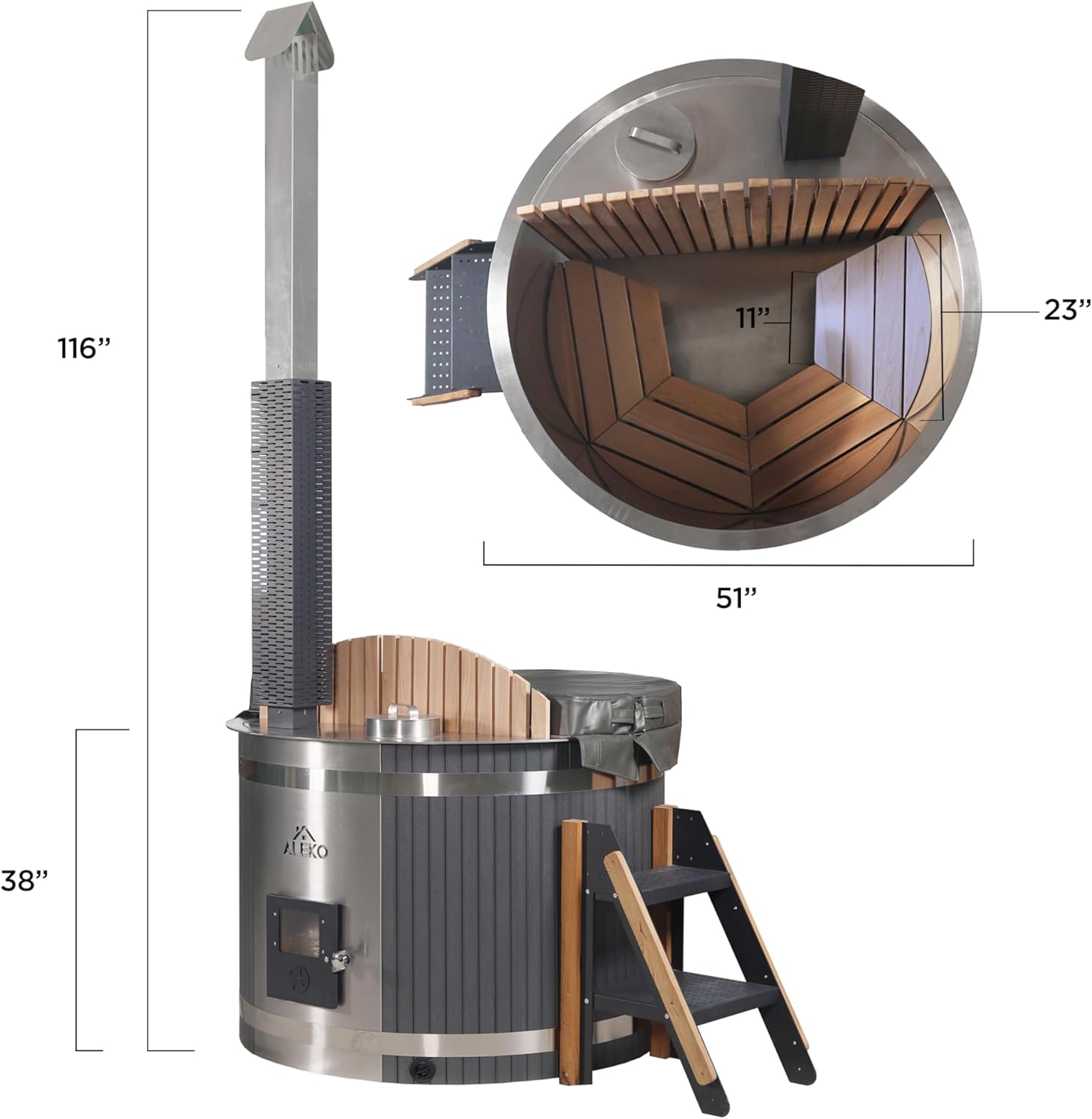 Stainless Steel Hot Tub & Cold Plunge Tub | Wood-Fired Heater | Zero Electricity Required | Leak-Free Design | Insulated Cover and Step Stool Included | Easy Assembly | 1-3 People