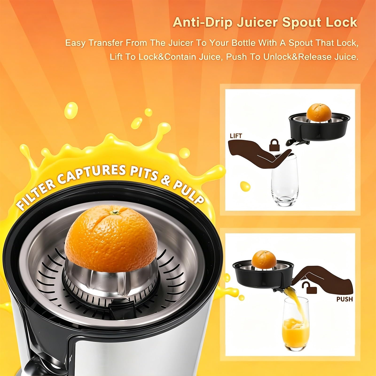 Exprimidor de Cítricos Eléctrico de 300 W, Exprimidor de Naranjas de Acero Inoxidable con 2 Conos for Limones y Pomelos, Boquilla Antigoteo for Uso Doméstico