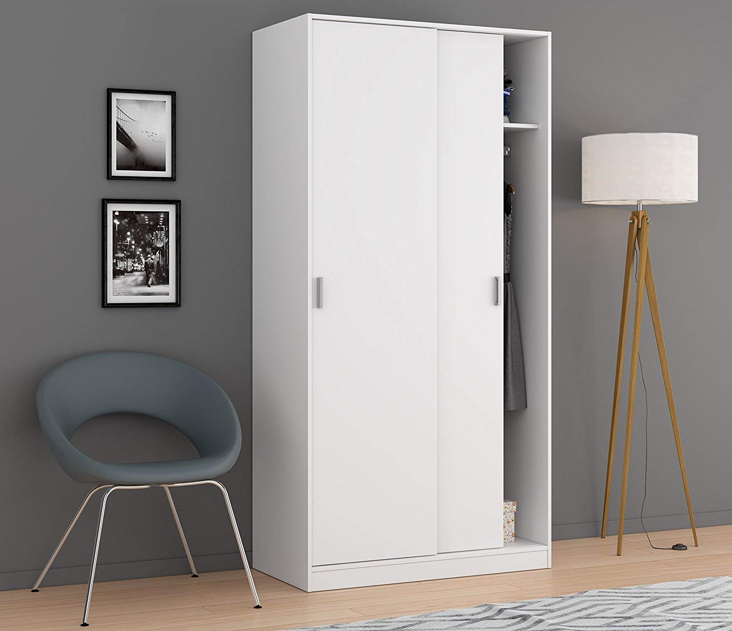 Habitdesign Armoire 2 portes coulissantes, 200 x 100 x 50 cm (H x l x P) Armoire 2 portes coulissantes, couleur blanche « Artik »