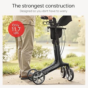 Carbon Fiber Ultralight Rollator Walker for Seniors, Cane Stand,Storage Bag
