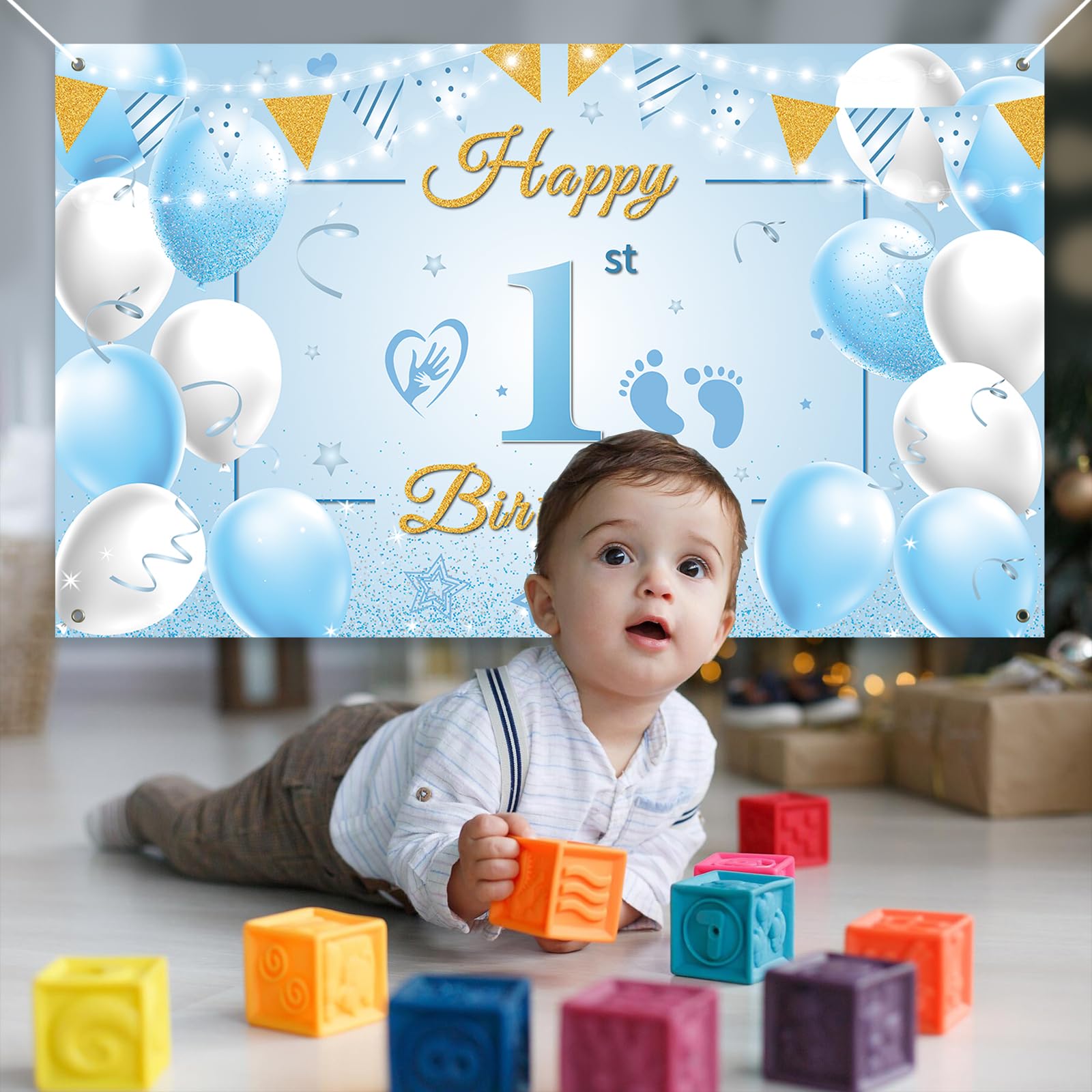 1 Set Decorazioni per Festa di Compleanno Blu per 1 Anno, Sfondo