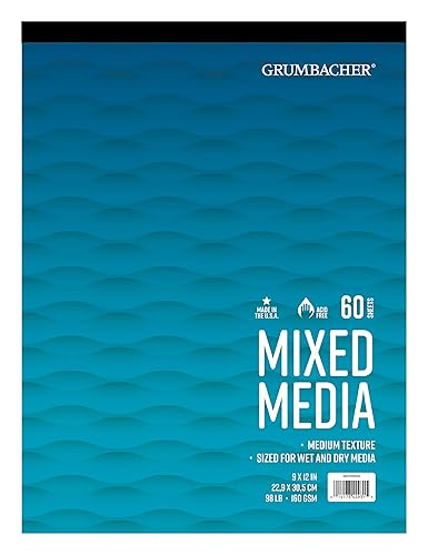 Grumbacher 9" x 12" Mixed Media Paper Pad, 98 lb. / 160 GSM, Tape-Bound, 60 Sheets/Pad, 1 Each - 9 x 12 Inches - 60 Sheets, Tape Bound