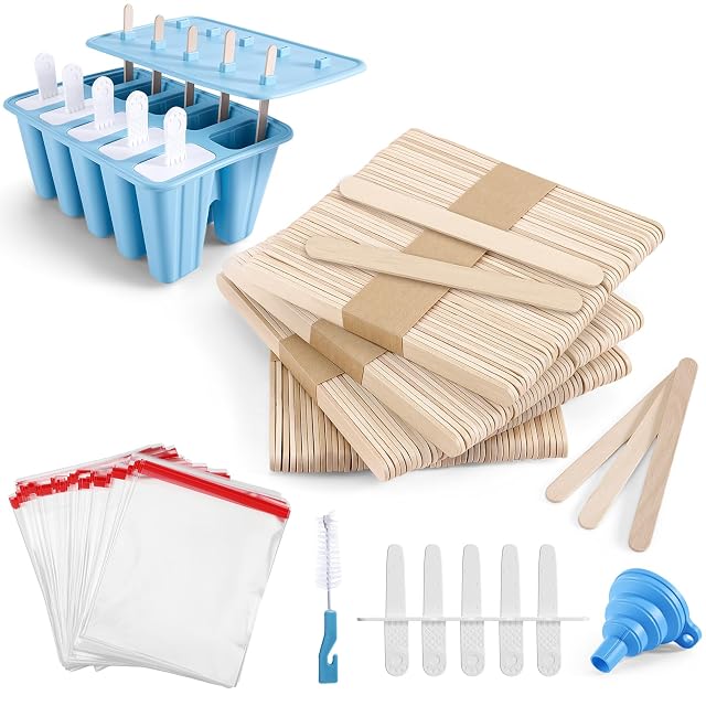 Popsicle Mold with 200 Sticks 200 Bags 10 Reusable Sticks 10-Count Silicone Ice Pop Maker Easy-Release Homemade Ice