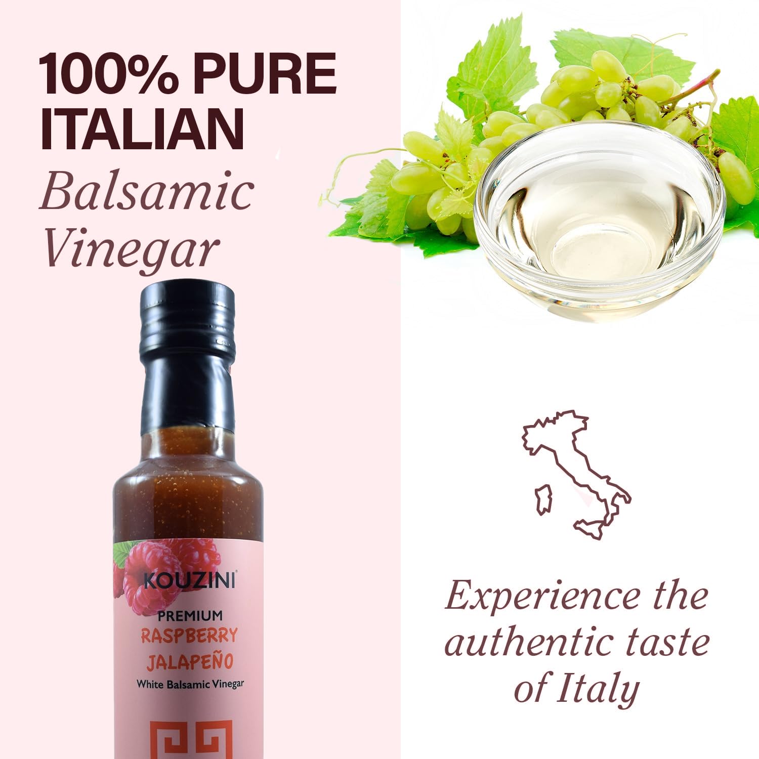 Kouzini Ultra Premium Raspberry Jalapeno Fruit White Balsamic Vinegar, Aged Balsamic Vinegars from Modena, Italy, Premium, Smooth & Full-Bodied Flavor, 250ml Bottle