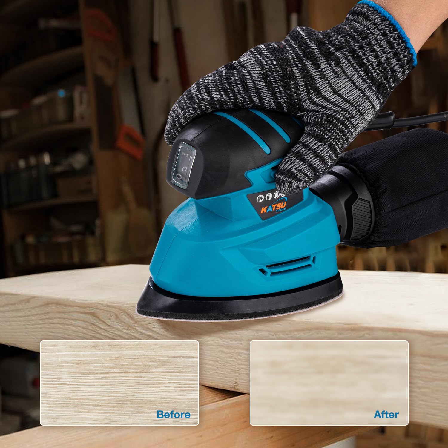 KATSU Tools Levigatrice di Precisione Elettrica 130W, con Aspirazione della Polvere e 10 Fogli Abrasivi, per Decorazione e Rifinitura Mobili (Economico)