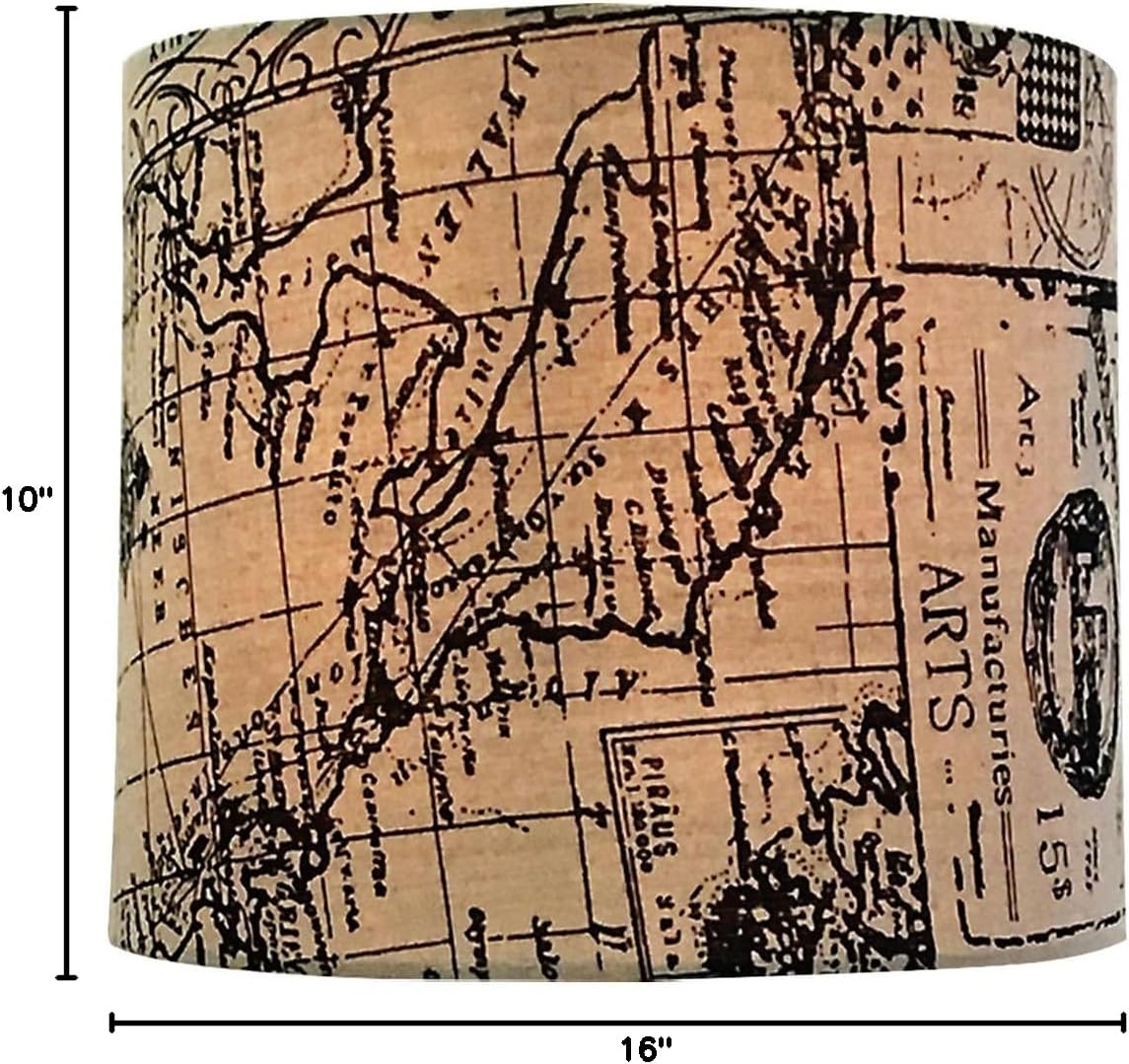 Royal Designs Shallow Drum Hardback Lamp Shade, Linen Cream and Black Vintage Map, 15" x 16" x 10"