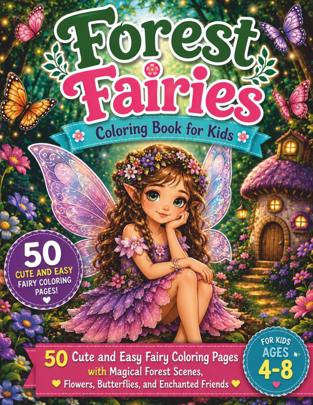 Forest Fairies Coloring Book for Kids: 50 Cute and Easy Fairy Coloring Pages with Magical Forest Scenes, Flowers, Butterflies, and Enchanted Friends