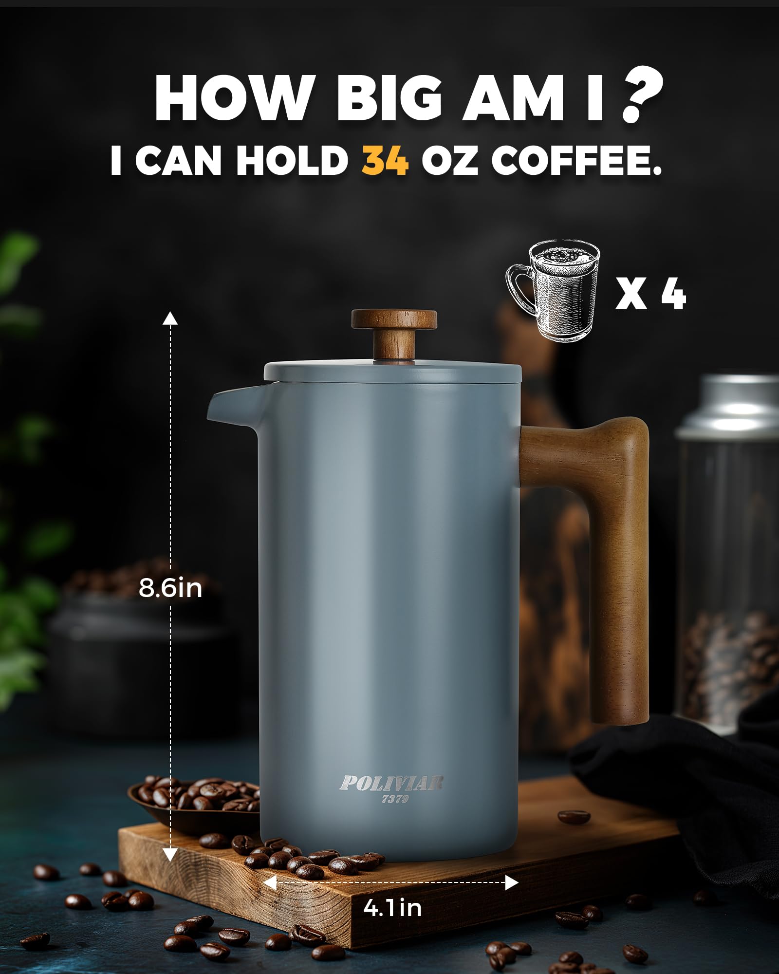 POLIVIAR - Cafetera de prensa francesa, prensa de café de 34 onzas con mango de madera real, aislamiento de doble pared y pantalla de filtro doble, acero inoxidable de grado alimenticio para un buen