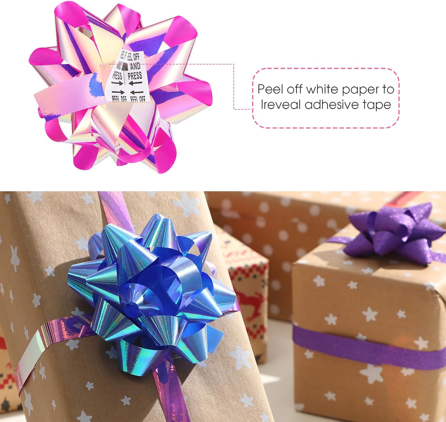 36 Pcs Gift Bows Assortment with 2 Crimped Ribbons, Multi Colored Assorted Size Present Bows for Weddings, Holiday(Shining Purple, Purple, Pink, White, Rose Gold, Silver) - Image 3