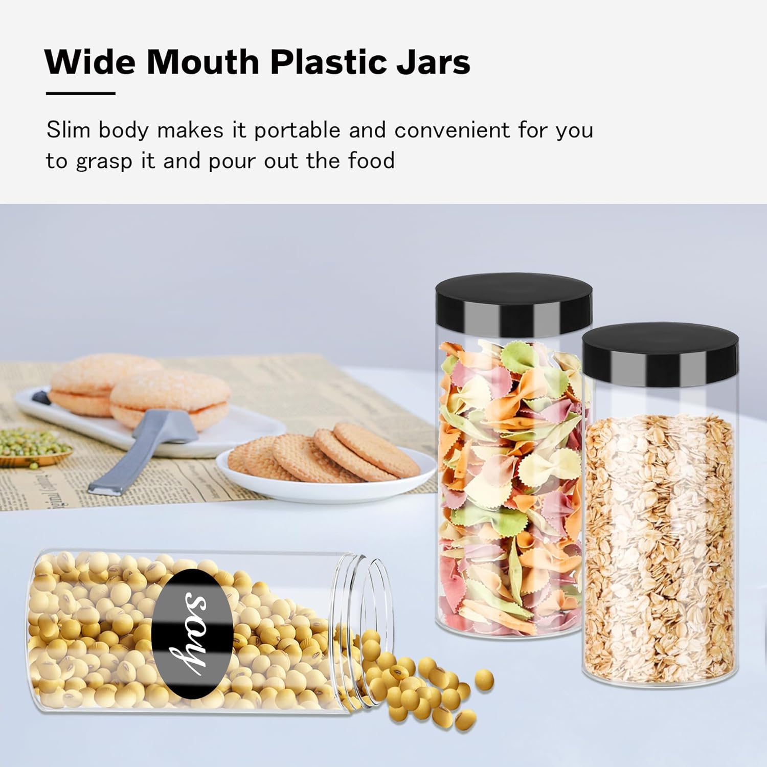 SLifeJars Plastic Jar with Lids 16oz Clear Empty Containers 16Pcs Straight Cylinders Storage Jars with Airtight Black Lid Stackable Refillable Round Plastic Jars for Kitchen Food & Home Storage