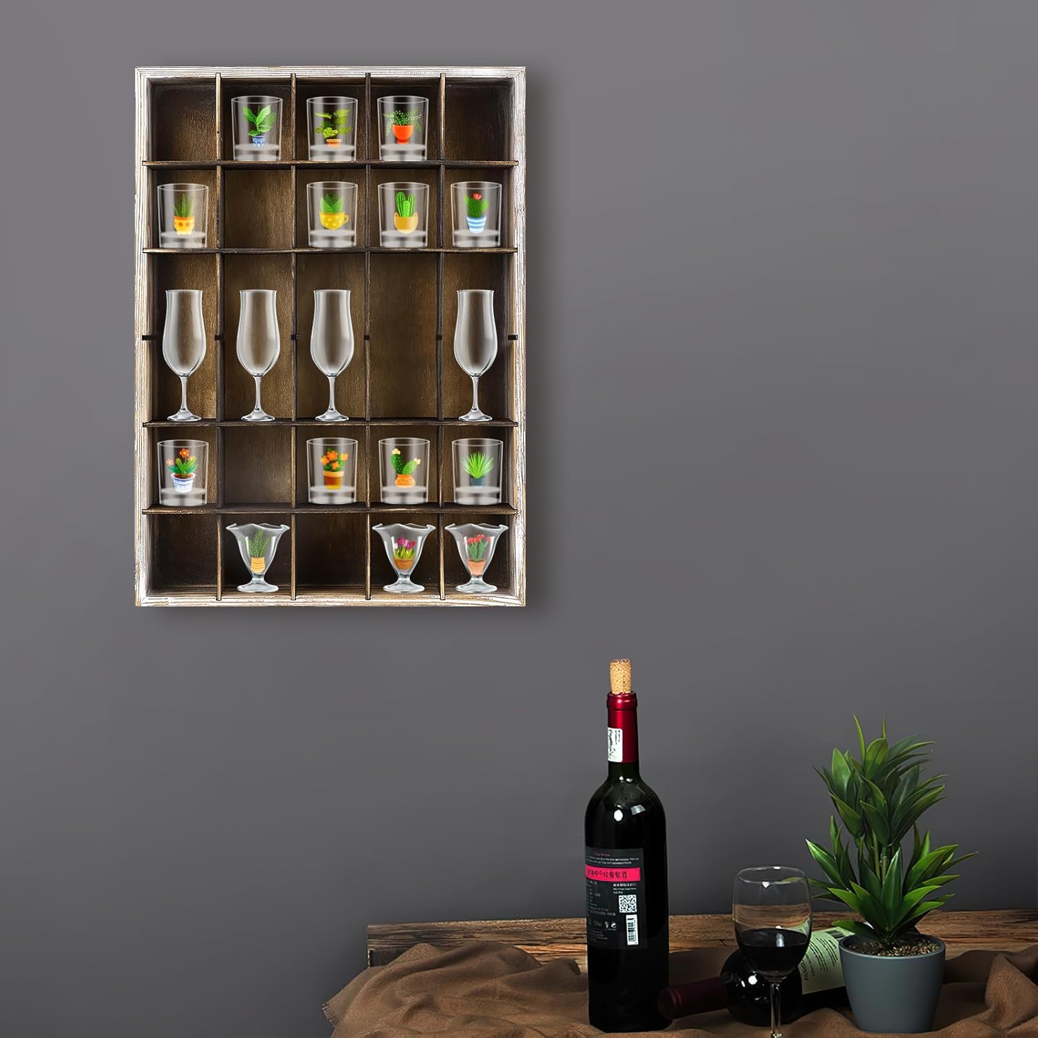 2 Pcs Shot Glass Display Case, Retro Wooden Shot Glass Shelf with Removable Shelves, Wall Mounted Shadow Box Thimble Display Case, 30 Slots