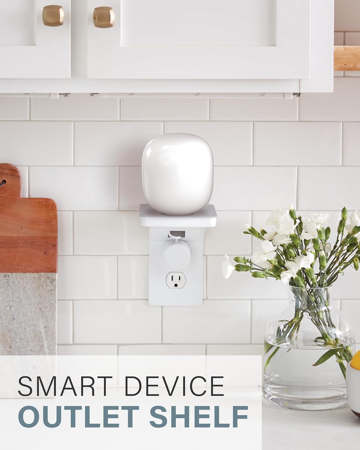 Sanus Made for Google Small Device Outlet Shelf in White & Fog Grey - Holds Small Electronics Up to 8lbs w/Built-in Cord Storage - Includes Both Standard & Decora Outlet Faceplates - Easy DIY Install