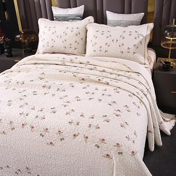 ROOMLIFE Quilt Set Twin Floral Leaves 3D Embroidery Pattern 2-Piece Cotton