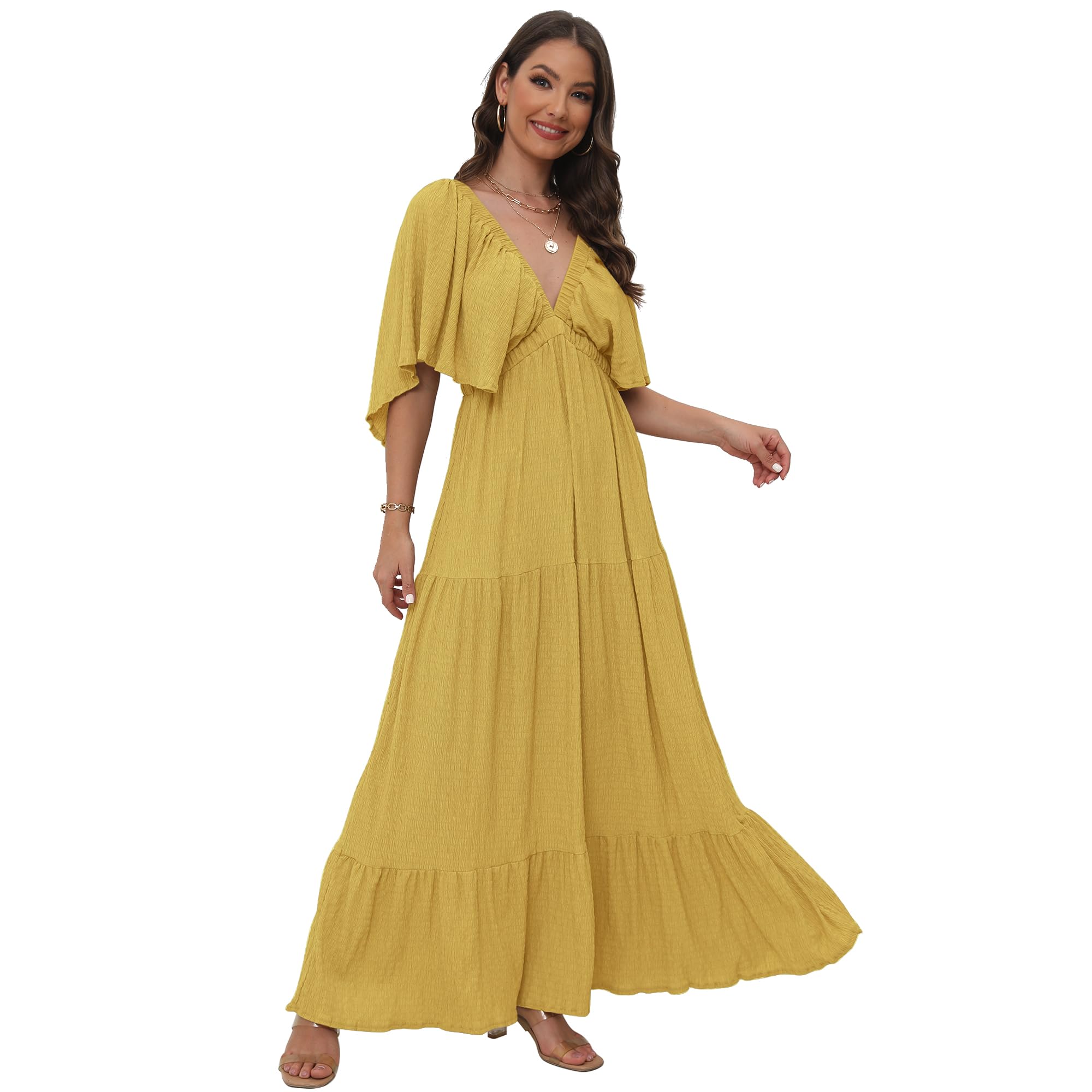 Damen Sommer V-Ausschnitt Stufen-Silhouette mit Flatterärmeln Maxikleid Kleider für Casual, gelb, Mittel