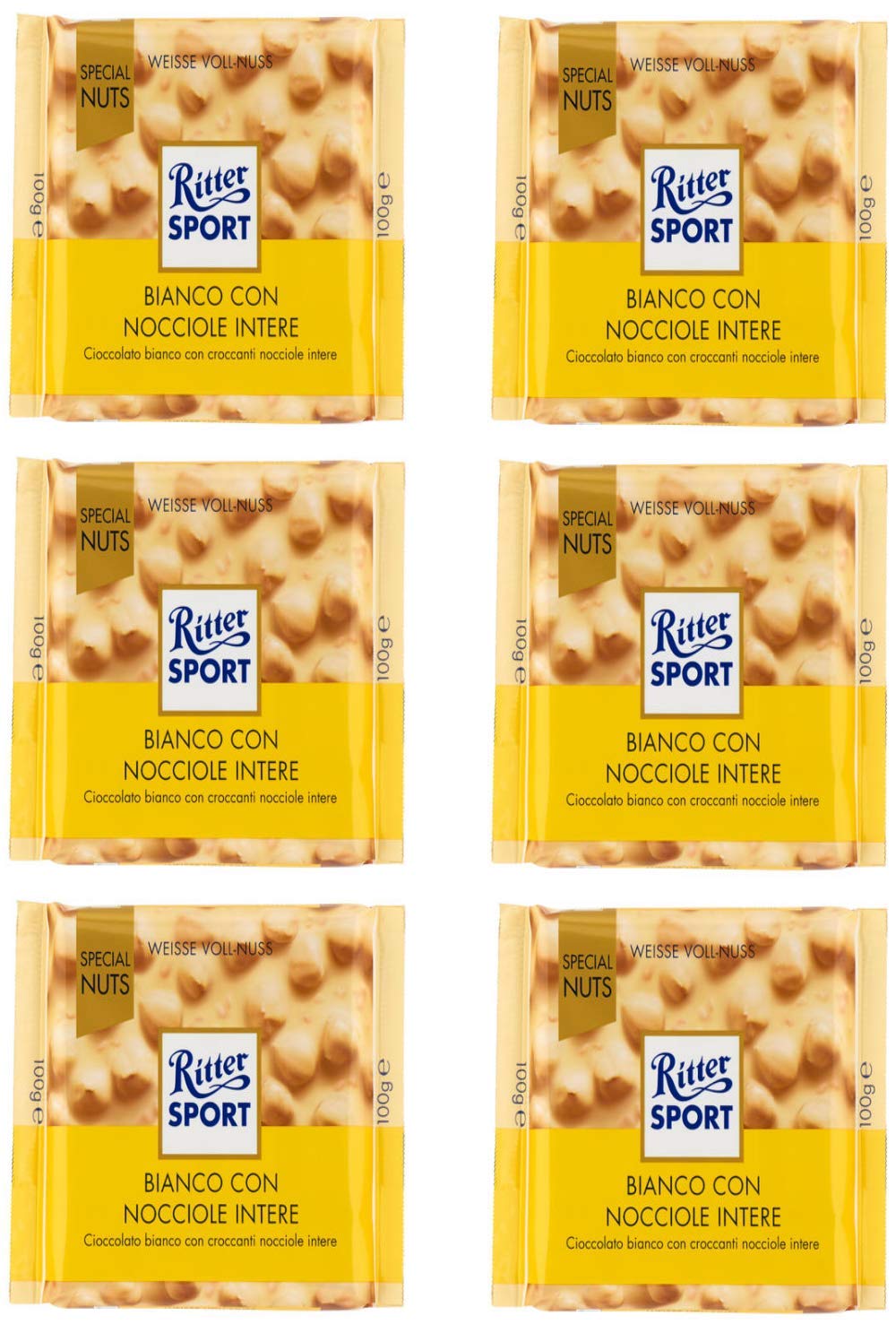 Ritter Sport: White Chocolate with Whole Hazelnuts, 3.5-Ounce/100g Bars, pack of 6