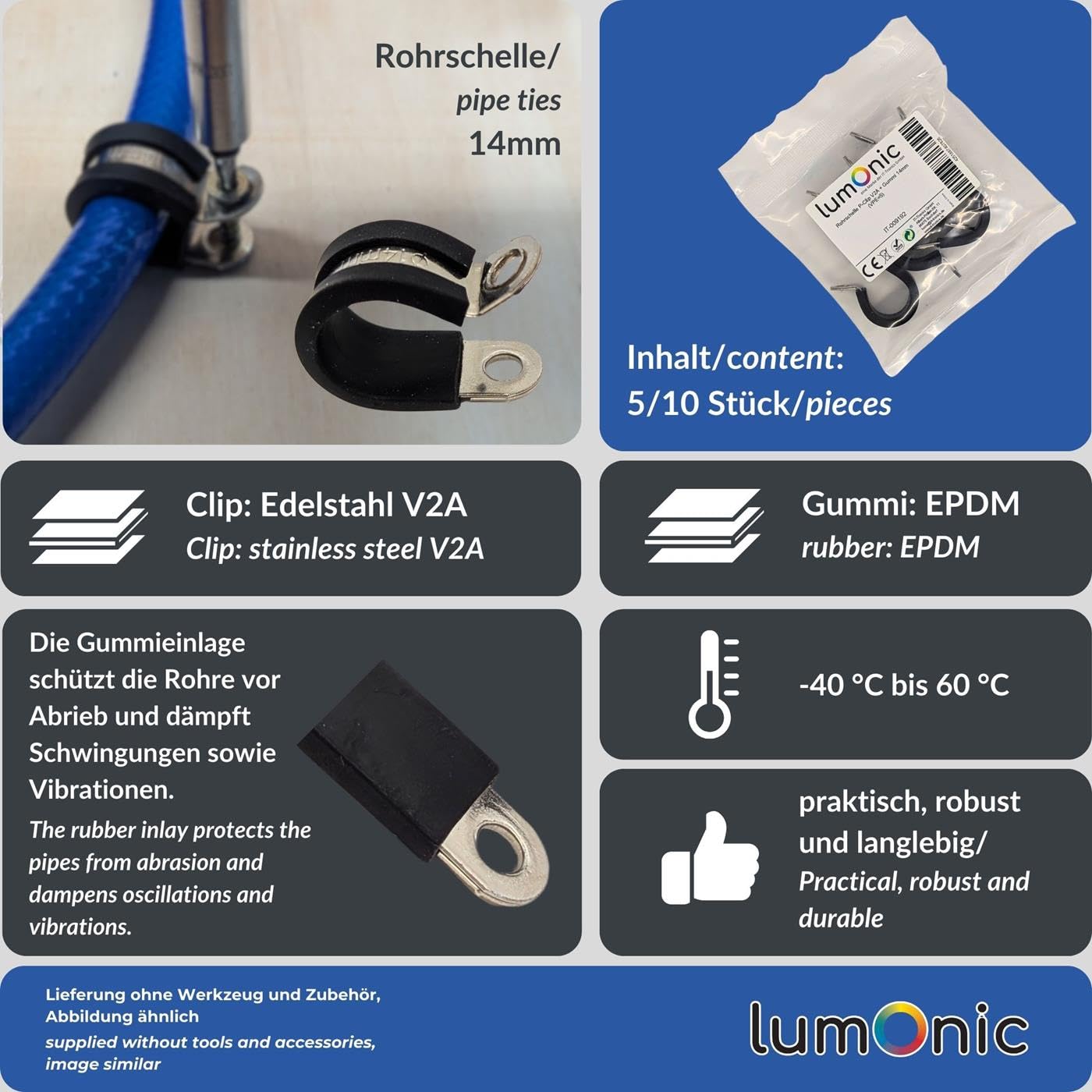 Colliers De Serrage Lumonic 5x14mm - Acier Inox V2A Avec Caoutchouc - Fixation Tuyaux, Câbles