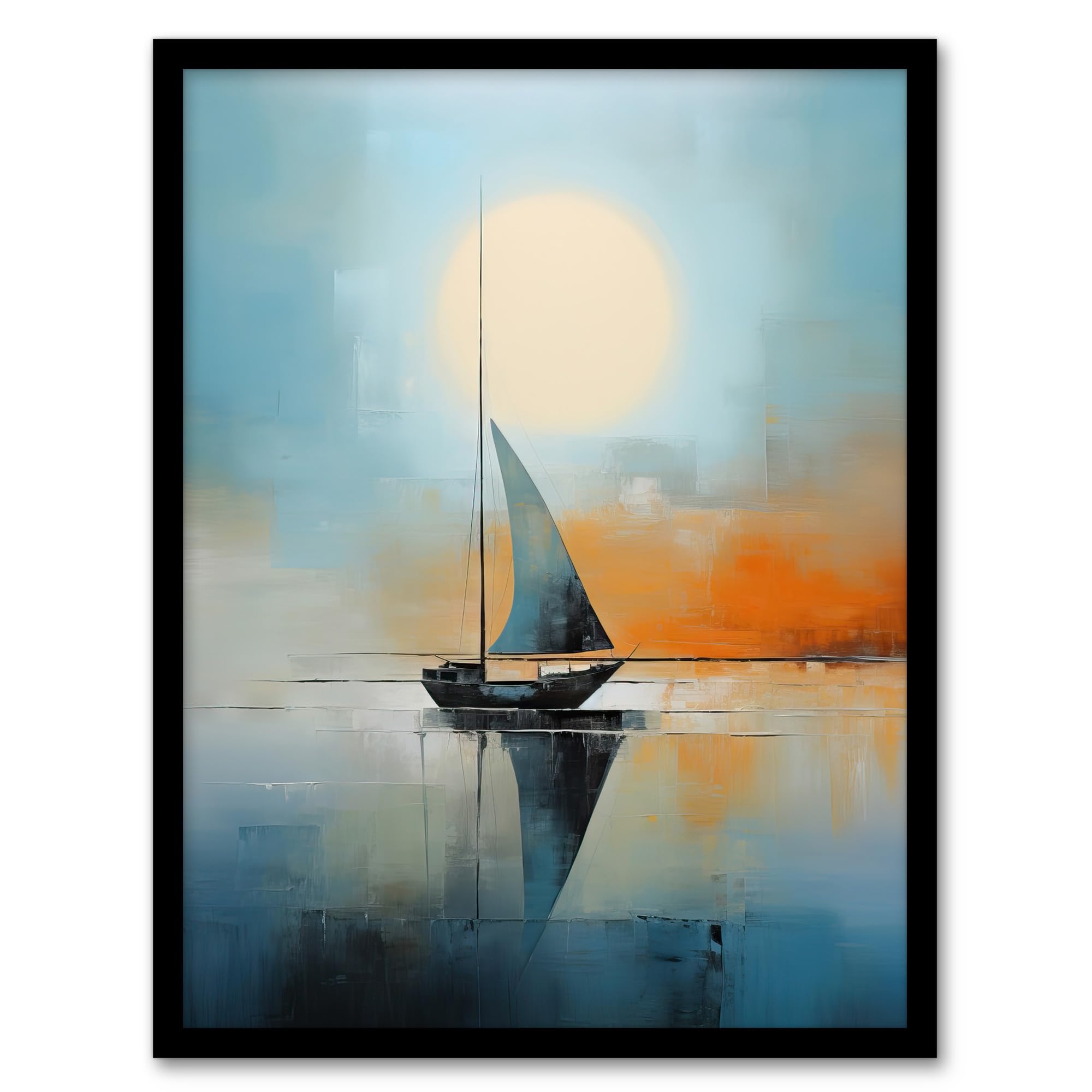 Artery8 Seascape Modern Abstract Sailboat Boat Artwork Calm Elegant Blue On Orange Artwork Framed Wall Art Print A4