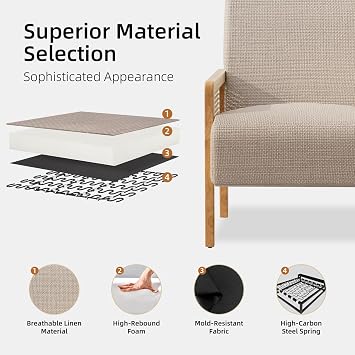 Rattan Accent Chair with Rattan Arms, Mid Century Modern Chair for Living Room, Linen Upholstered Comfy Chair for Bedroom, Reading Room, Home Office, Brown