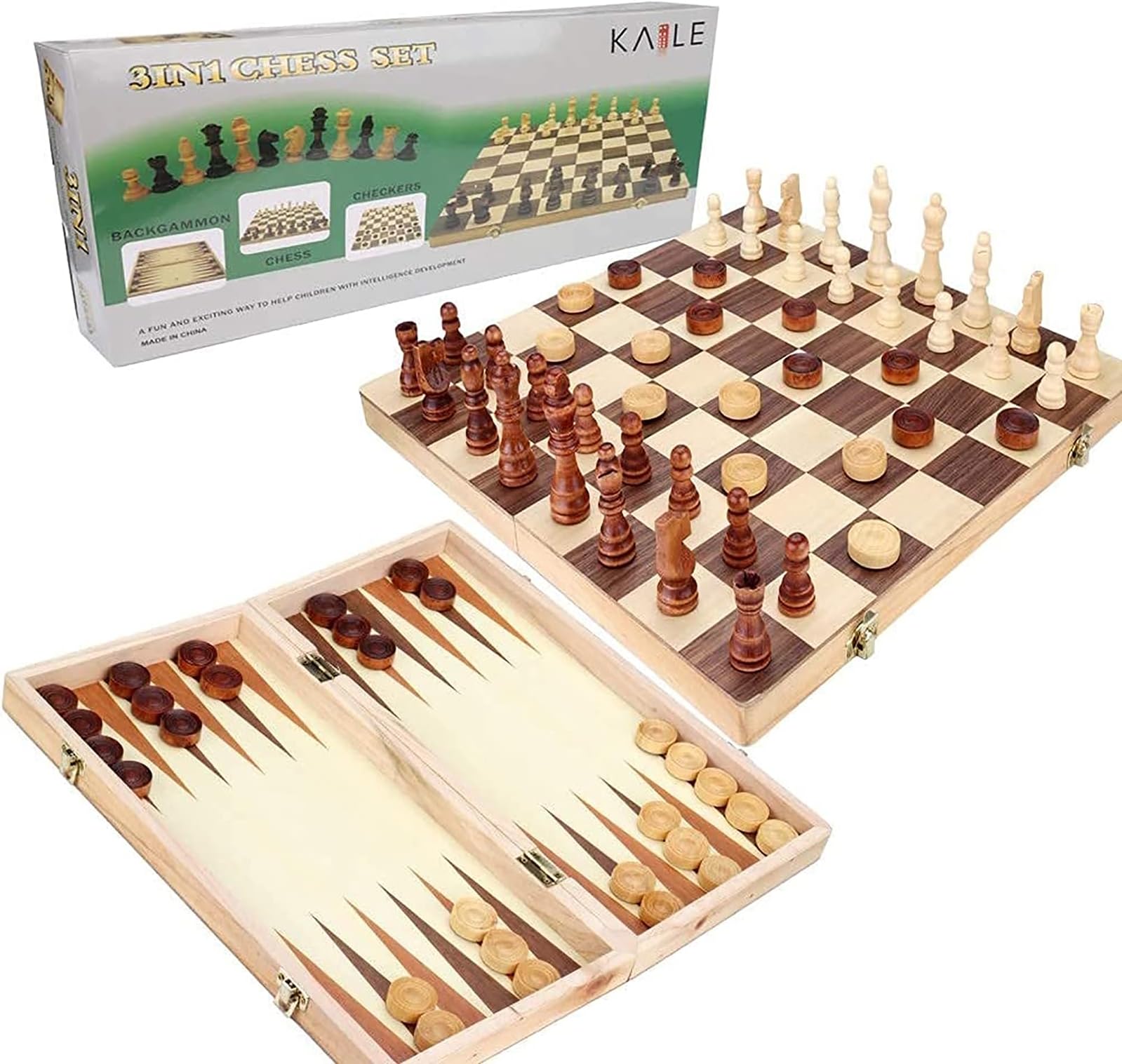KAILE 13 Inch 3-in-1 Wooden Chess Set & Checkers & Backgammon Set with Folding Carrying Case Folding and Travel Chess Board for Adults and Kids…