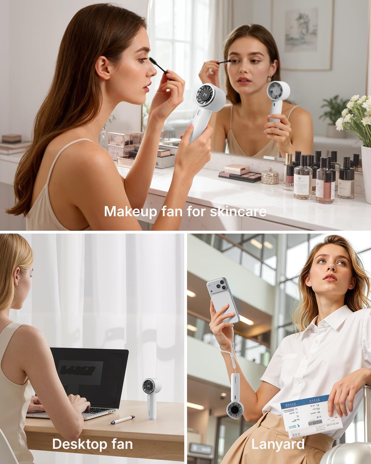 SWEETFULL Mini Fan Portable - Cute Handheld Turbo Fan with Rechargeable Battery, 5 Speeds, Small Hand Personal Travel Essentials for Women, Girls, Kids, Lash, Makeup - White thumbnail