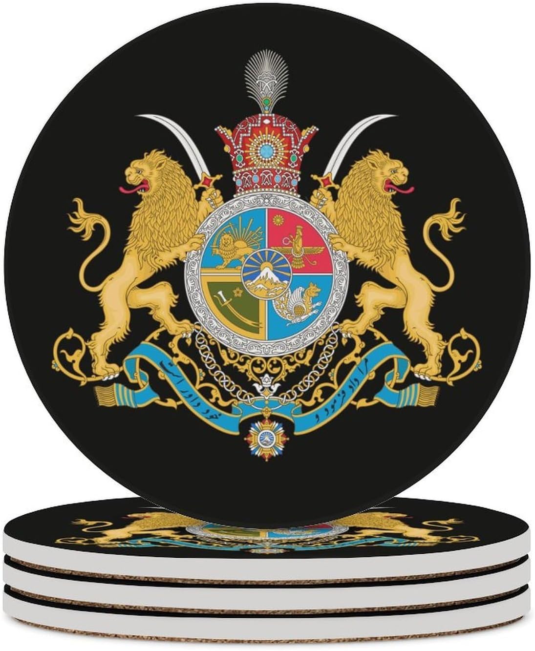 Imperial Coat of Arms of Iran Round Ceramic Coasters for Drinks Absorbent Cup Holder Tabletop Protector with Cork Base