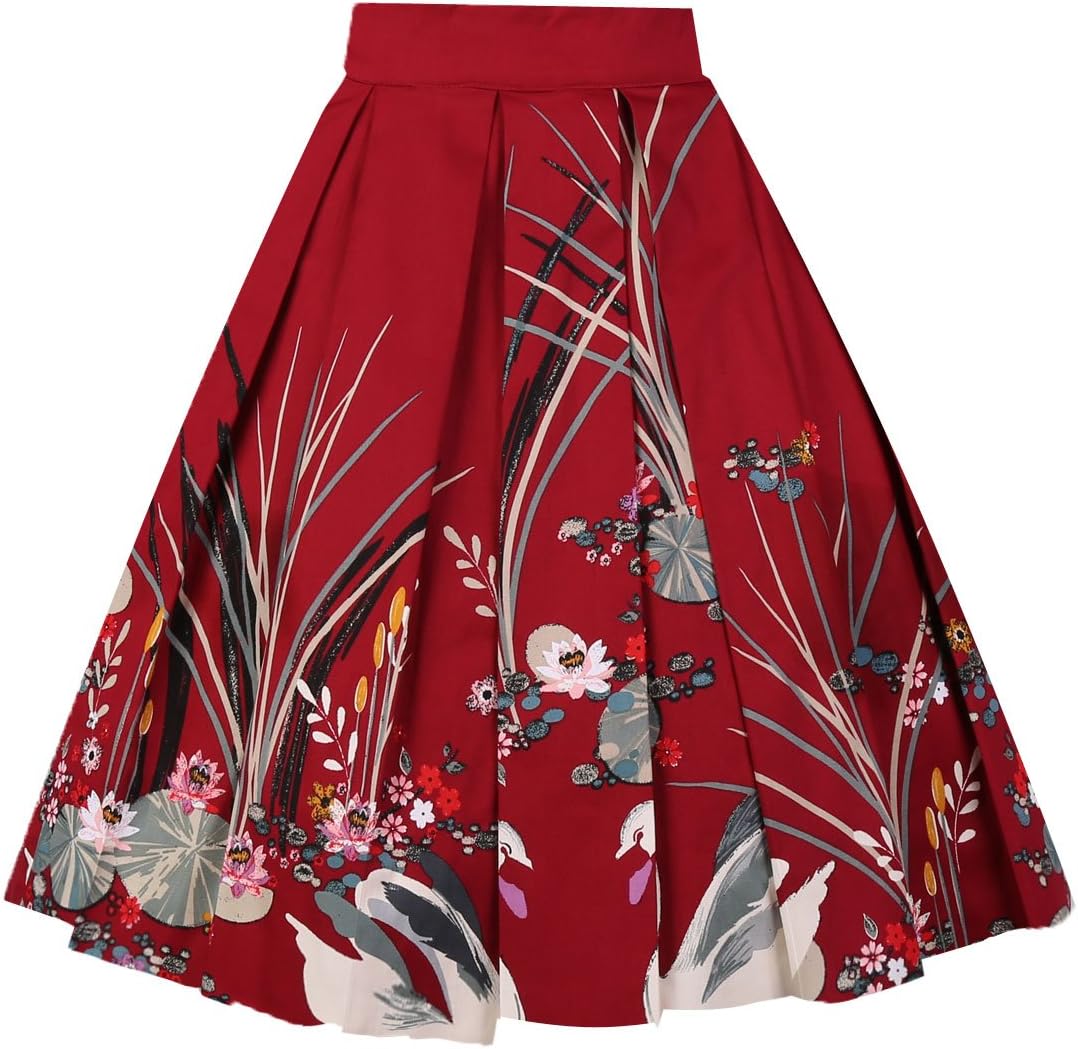 Girstunm Women's Vintage Pleated Midi Skirt – Floral Print, A-Line With Pockets (Red/White Plaid)