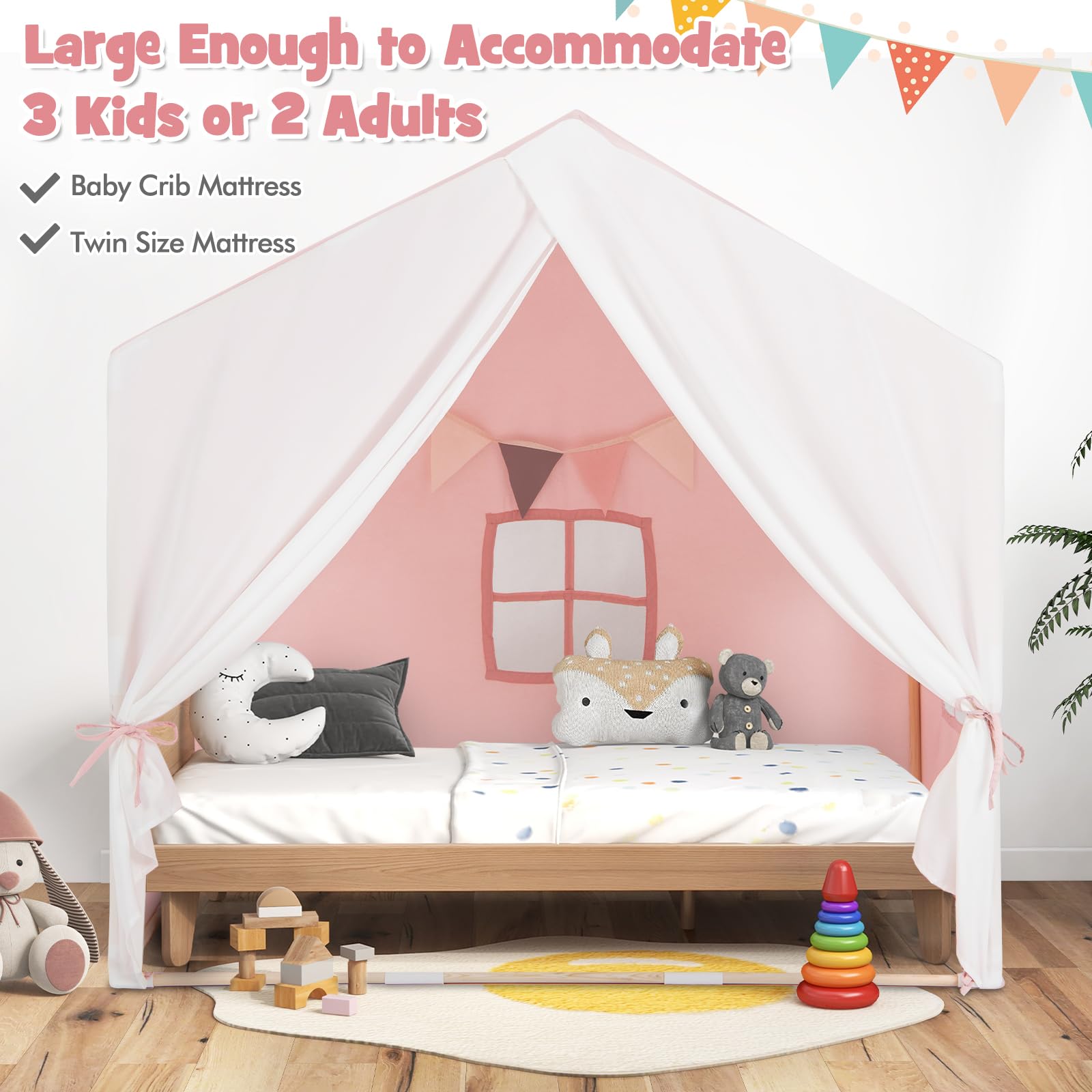 HOMASIS Kinderzelt Indoor, Spielzelt mit Matte, Vorhang, Flaggen, Spielhaus aus Holzrahmen, Bettzelt Prinzessin Zelt für Mädchen & Jungen ab 3 Jahren, Kinderspielhaus für Kinderzimmer (Rosa)