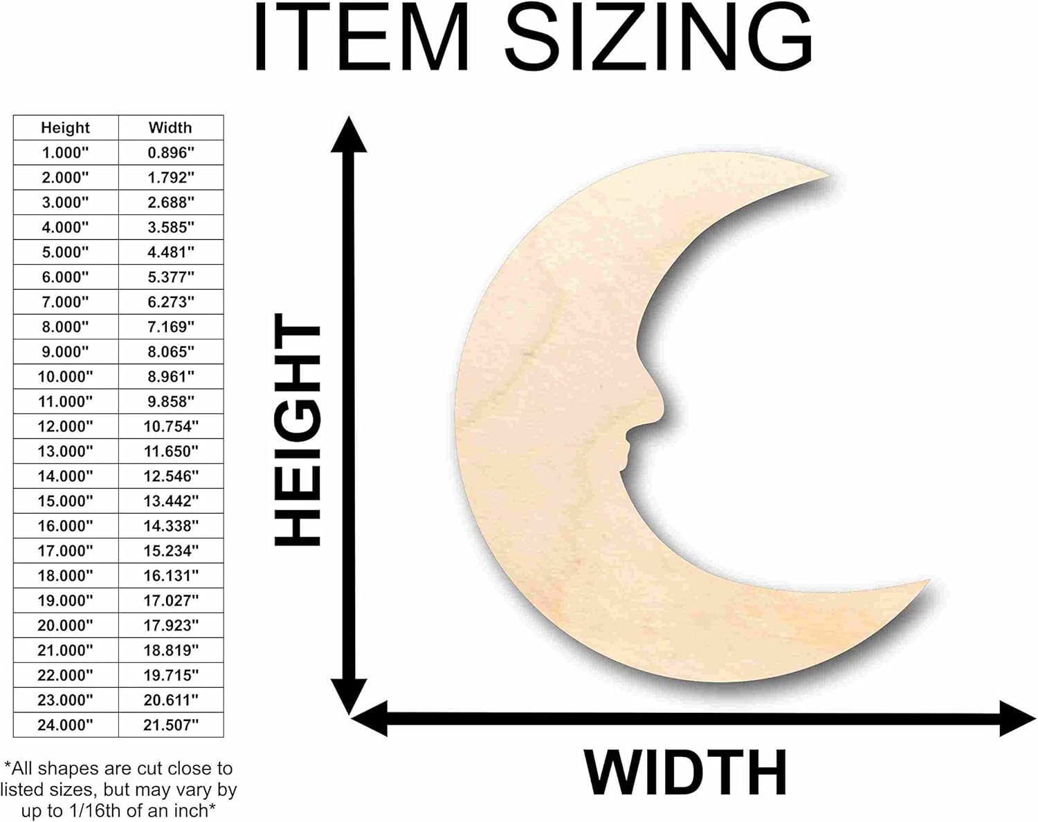Unfinished Wood Crescent Moon with Face Outline Silhouette Craft up to 46" DIY 18" / 1/2"