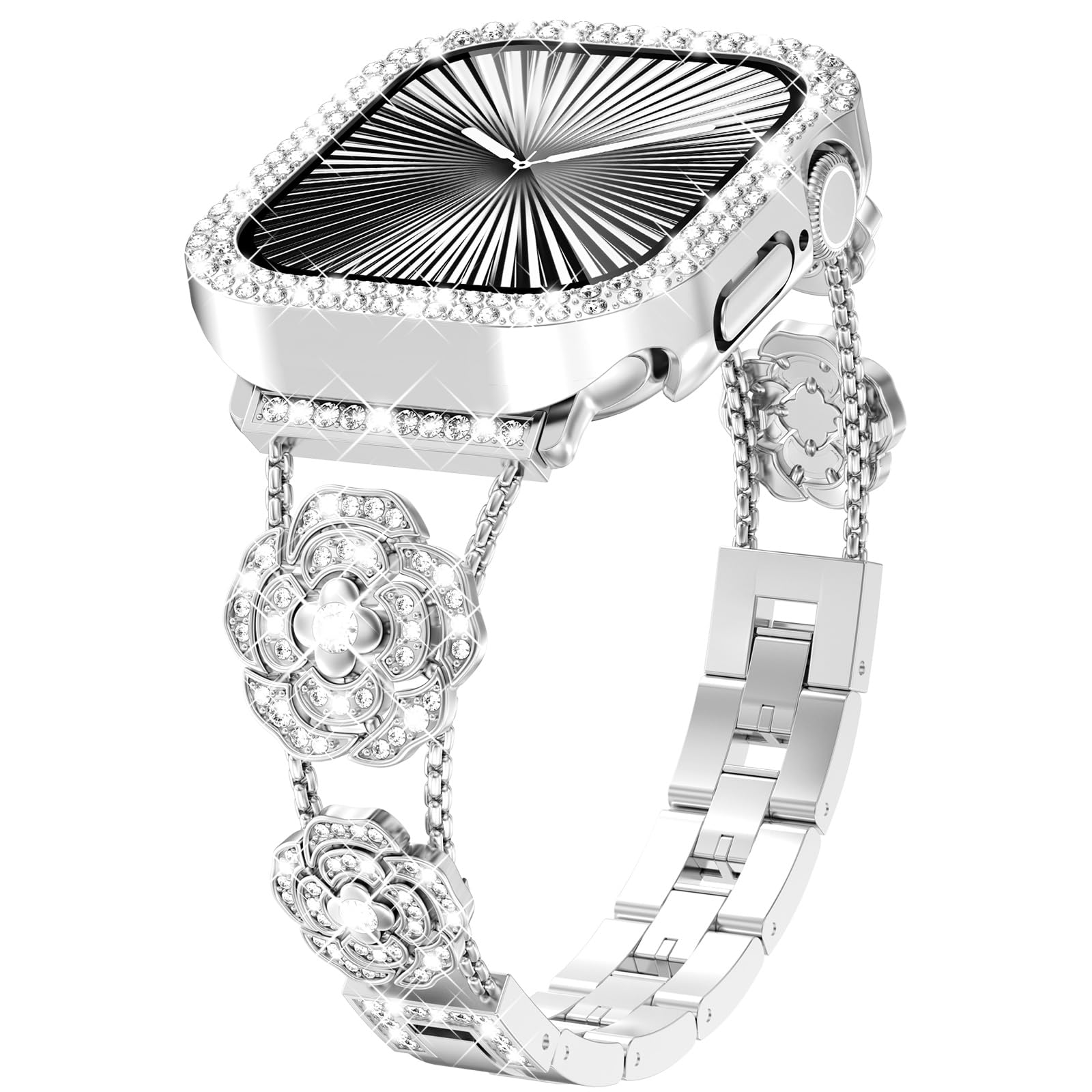 KADES Compatible with Apple Watch Band 46mm 45mm 44mm 42mm 41mm 40mm 38mm for Women – Camellia Diamond Band with Bling Protective Case, Floral