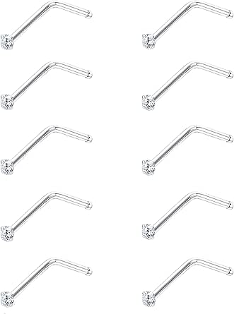 Sllaiss 10Pcs 22G Sterling Silver Small L Shape Nose Ring Studs for Women Mens Czech Crystal Curved Nose Piercings Set Hypoallergenic