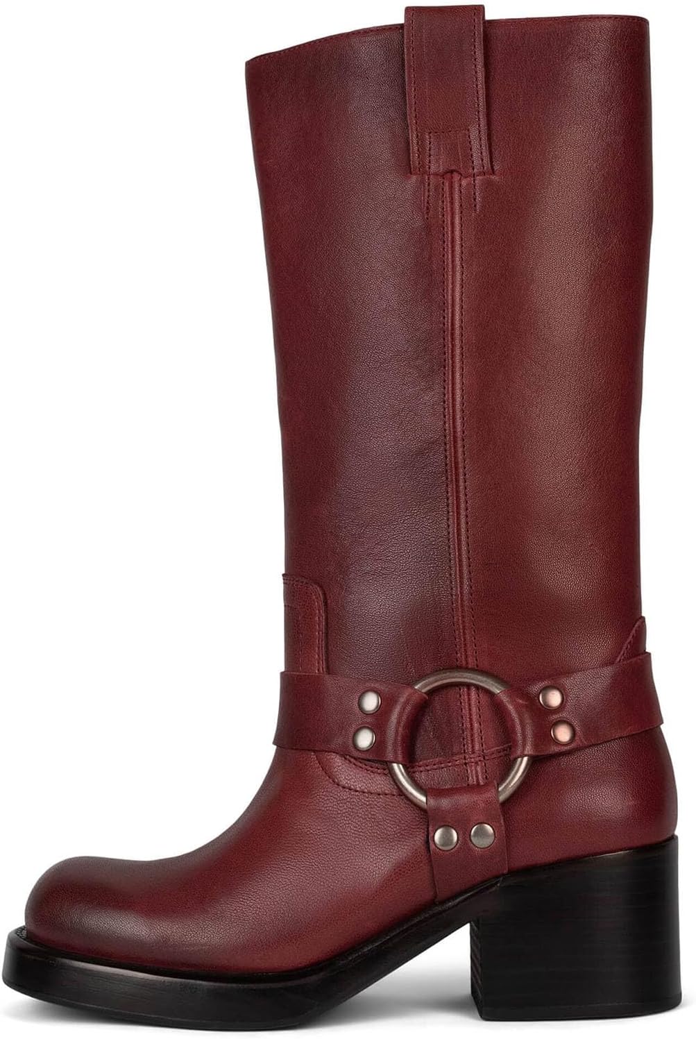 Yishaweiqi Women's Studds Biker Boots Chunky Heel Square Toe Knee High Boots Fall Dress Riding Boots Motorcycle Boots Side Zipper Western Boots