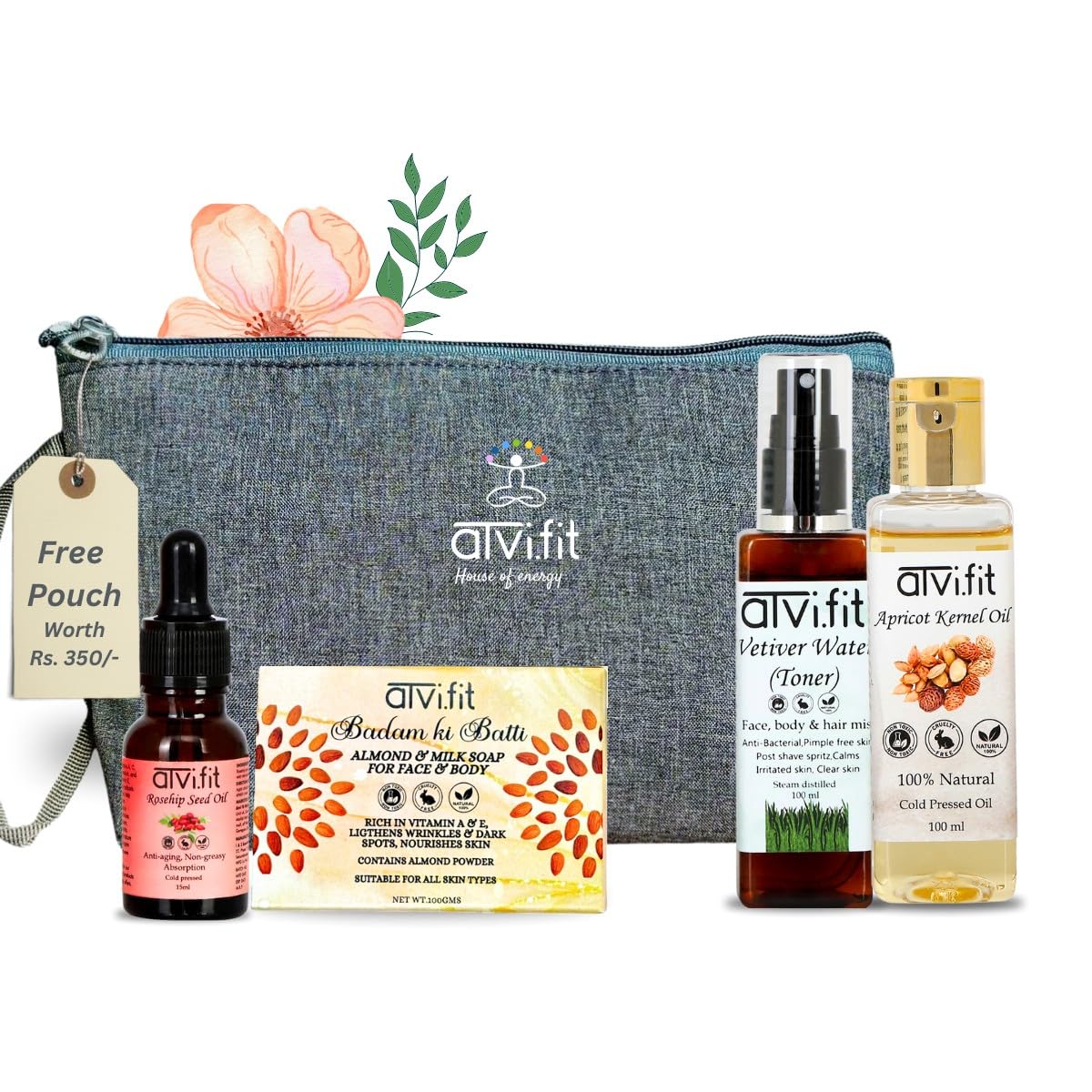 Atvi.fit Natural Beauty Flawless Skin Face Care Kit With free Pouch | organic Badam ki Batti Almond soap 100gm,Rosehip Oil for Men and Women 15ml,Vetiver Water||Natural Skin Toner for Clear 100ml,Apricot Kernel oil 100ml-image-32