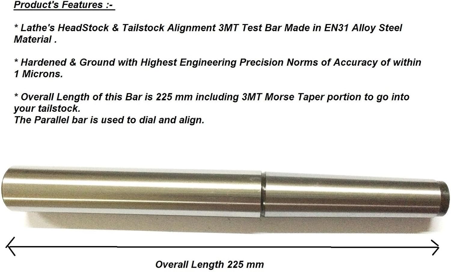 Precision steel lathe alignment test bar mandrel-helps lining-up headstock & tailstock to eliminate any taper turning on long length work-piece (MT3-regular (OAL 225 mm))