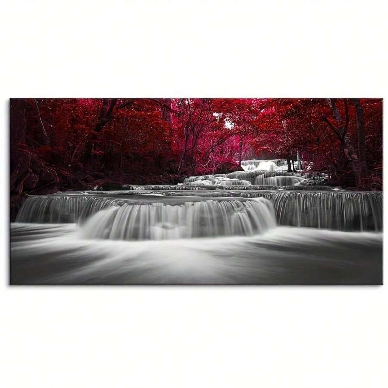 lianyibo 1pc Wide Waterfall & Red Leaves Picture, Beautiful Maple Leaves Landscape Print Painting，For Bedroom Artwork Decor 65x130cm Frameless