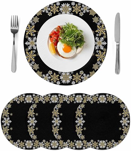 Miniatura 18 de Christams Round Placemats Set of 6 Snowflake Table Mats for Dining Table Decor Gold Black Round Braided Placemats Heat Resistant Washable Woven
