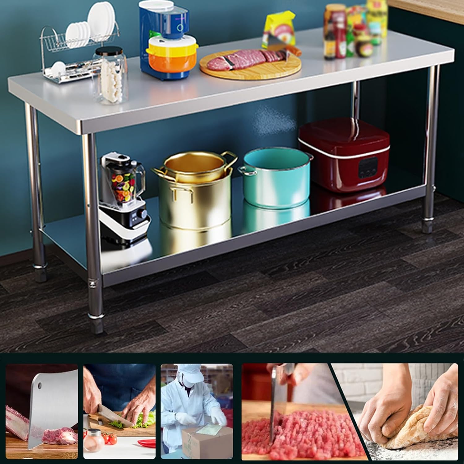 Stainless Steel Table for Prep and Work, Stainless Steel Kitchen Worktop, Double Layer Heavy Duty Prep Worktable, Food Prep Table with Adjustable Feet, for Kitchen Prep Work(90x50x80cm)