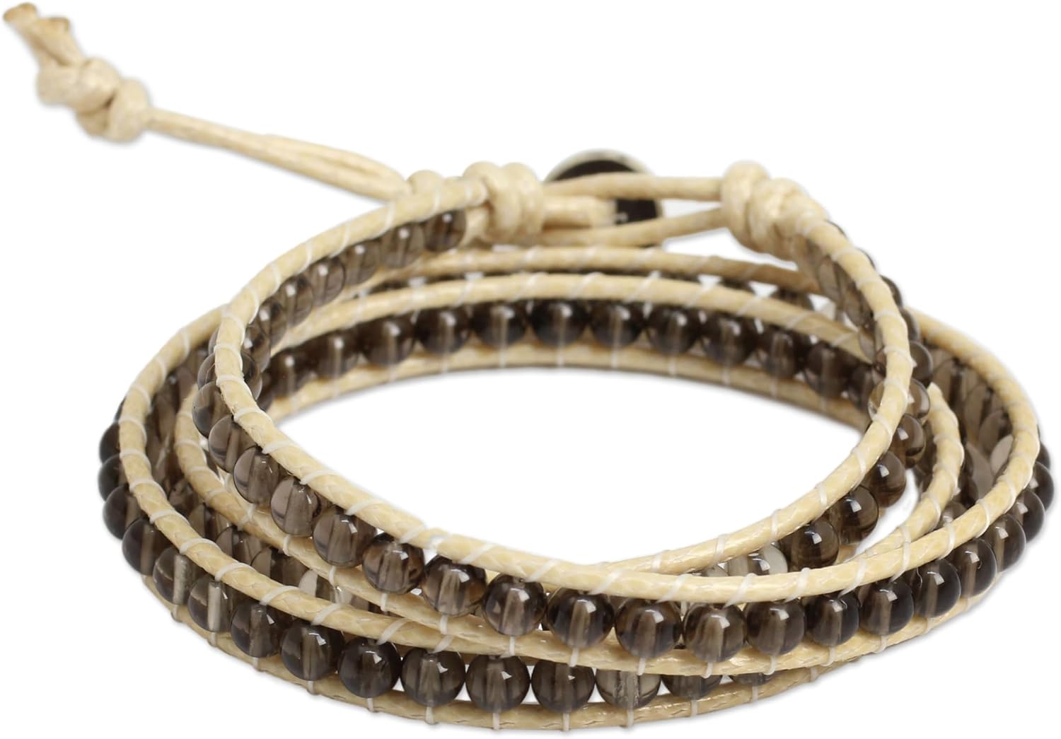NOVICA Artisan Handknotted Smoky Quartz Wrap Bracelet Thai Fine Silver Brown Beaded Thailand Cognac Stormy Weather [20.25 in min L x 21.25 in max L x 0.3 in W] ' Subtle Sigh'