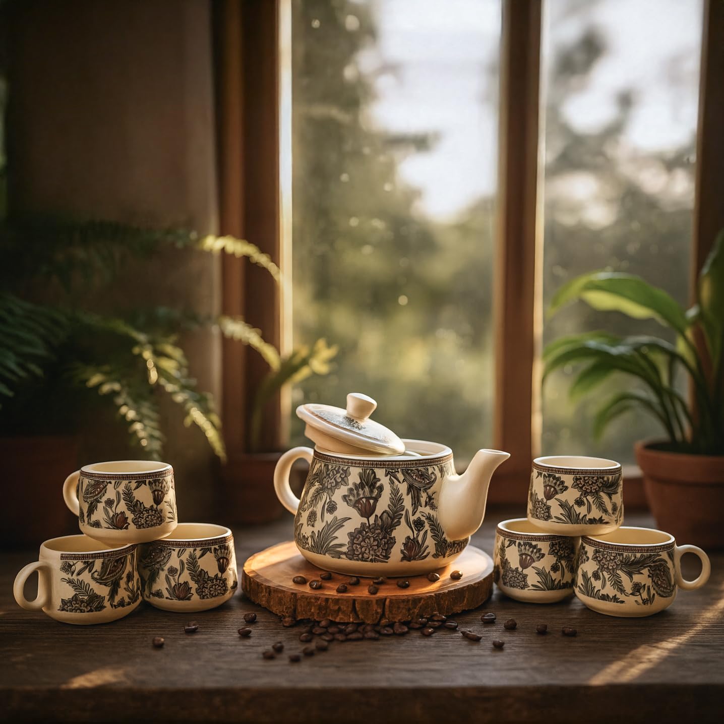 IZZYLYF 'Garden Bliss' Premium Ceramic Tea Cup Set with Kettle & 6 Cups | Floral Printed Ceramic Cup with Teapot | Handcrafted, Microwave & Dishwasher Safe | Tea Serving Set for Home, Office & Gifting