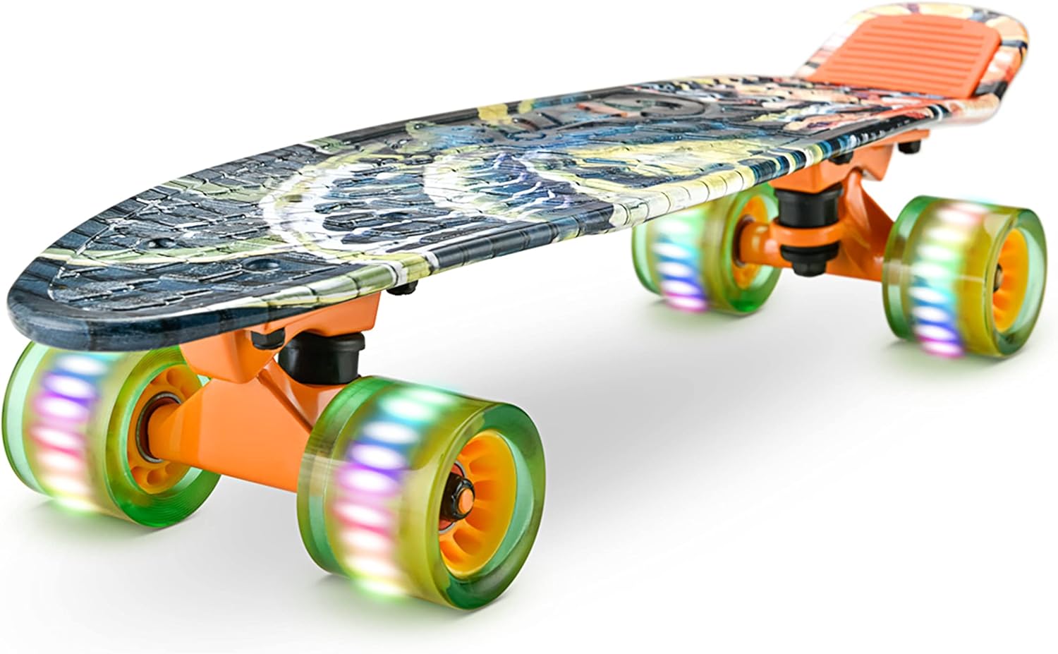 Hurtle Standard Skateboard Mini Cruiser - 6'' PP Deck Complete Double Kick Skate Board w/ 3.25" Aluminum Alloy Truck, PU Wheels w/LED Light - for Kids, Teens, Adults (Graffiti)