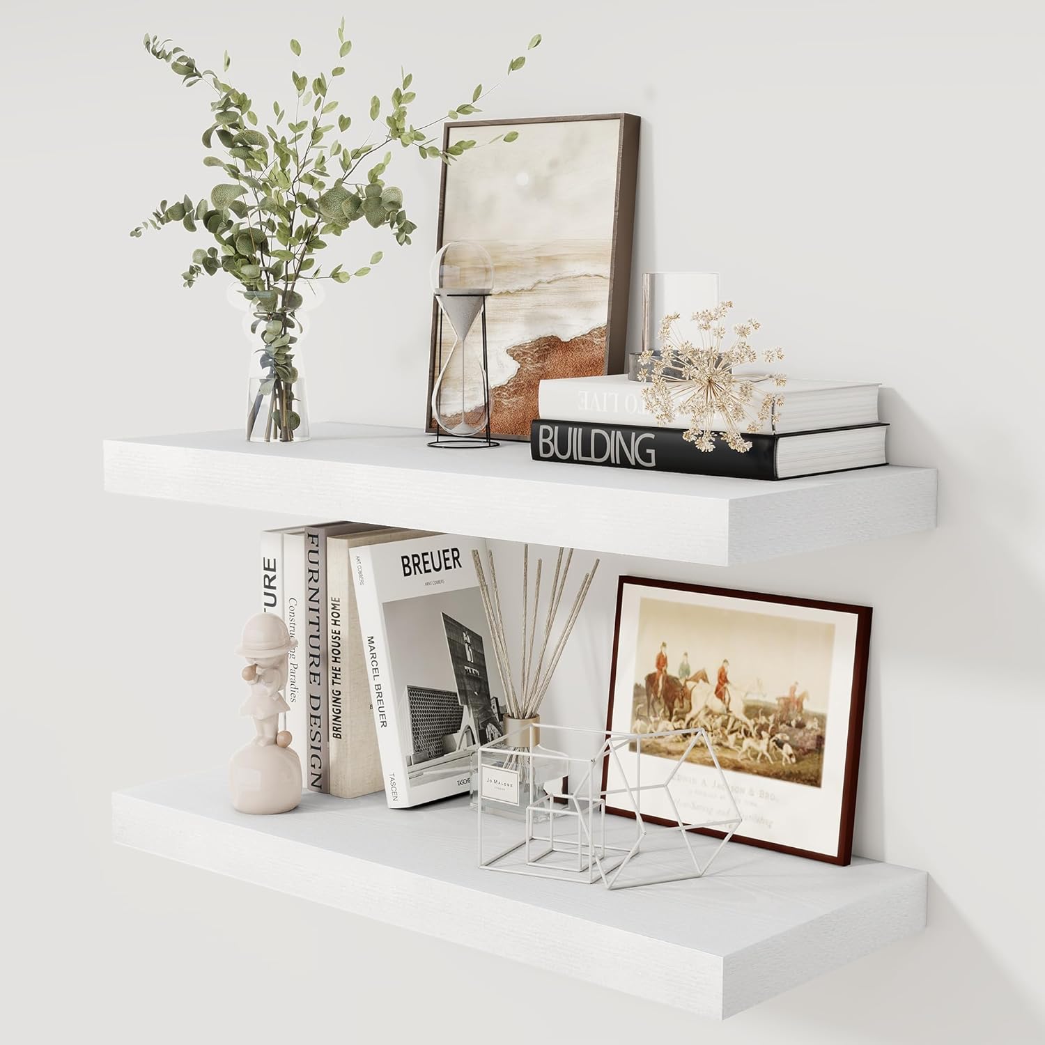 Fun Memories White Floating Shelves 30x 12 Inch, Deep Floating Shelf Wall Mounted, 12" Deep Wall Shelves for Books, Bathroom, Bedroom, Kitchen, Thicked Shelves for Home Storage & Display, Set of 2 White 30"W x 12"D, Set of 2