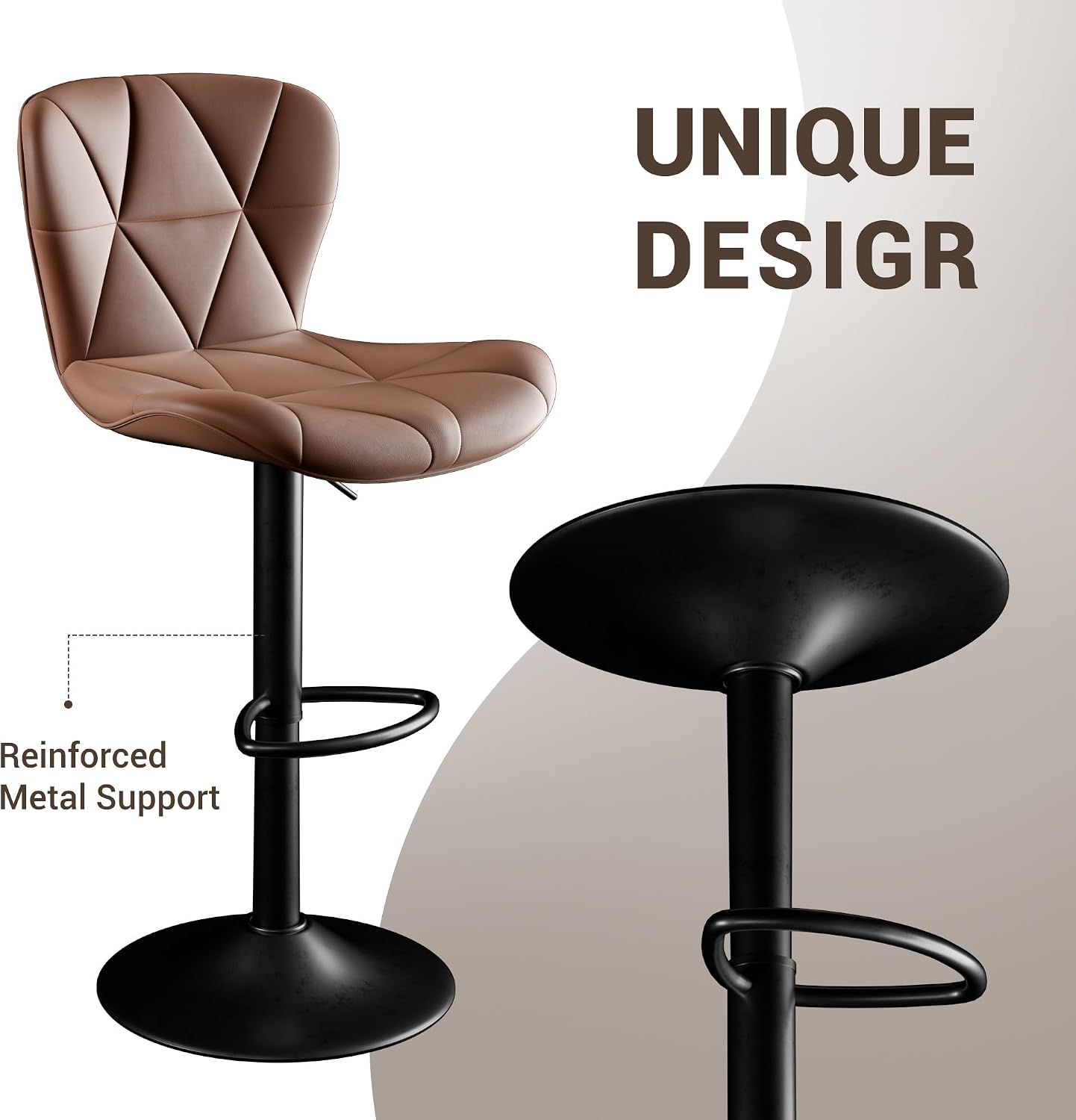 Modern Bar Stools Set of 2, 360°Swivel Counter Height Stools Adjustable Height 24.8"-33.46", Faux Leather Upholstered Kitchen Stools Brown