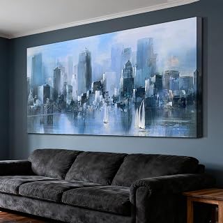 Acocifi Blue Canvas Wall Art Abstract Cityscape Picture Textured Painting, New York Brooklyn Bridge Modern Picture Artwork Large Framed for Living Room Bedroom Bathroom Office Home Decor 58"x29"