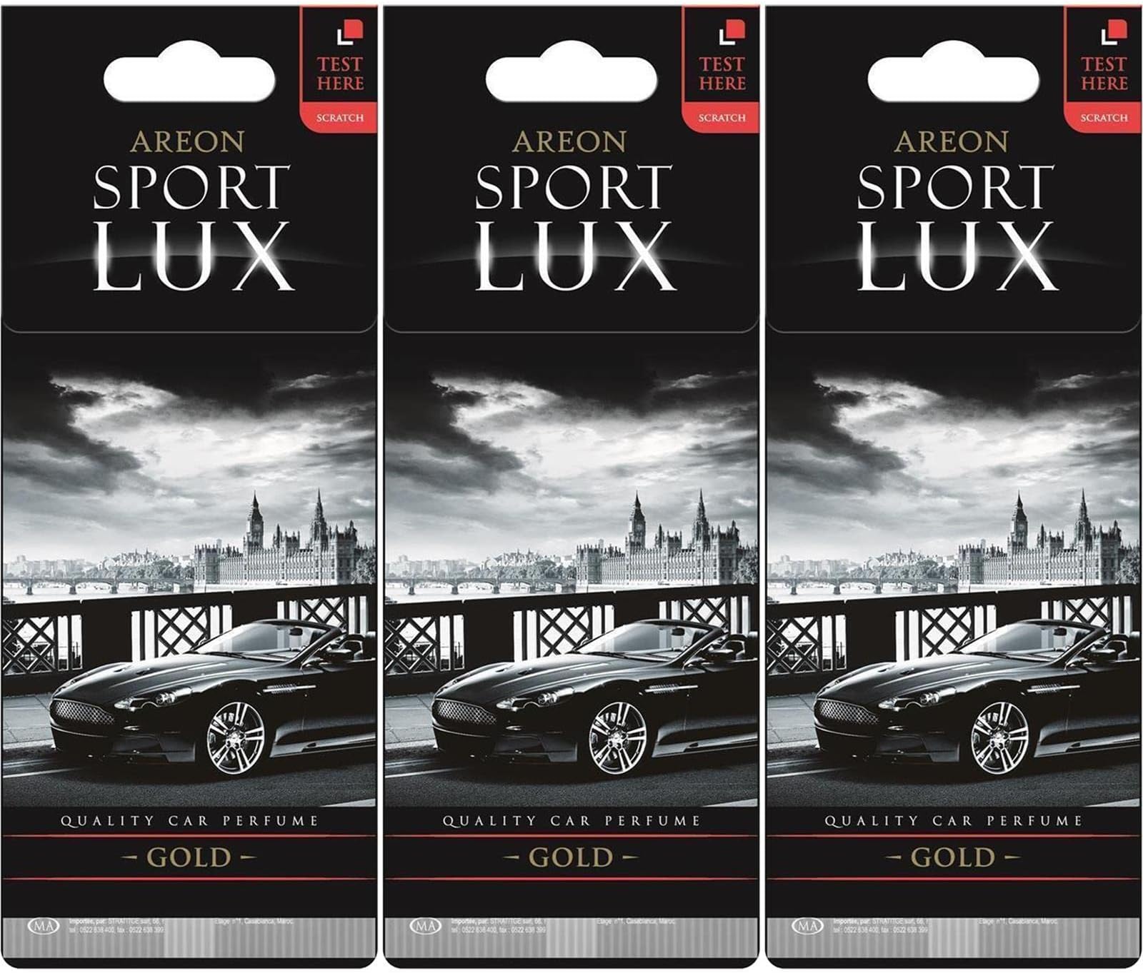 AREON Sport Lux GOLD - Hanging Cardboard Air Freshener for Car, Home & Office - Premium Cologne Perfume with Natural Fragrances - Long Lasting, Fresh, Luxurious Scent - Stylish Design, Pack of 3