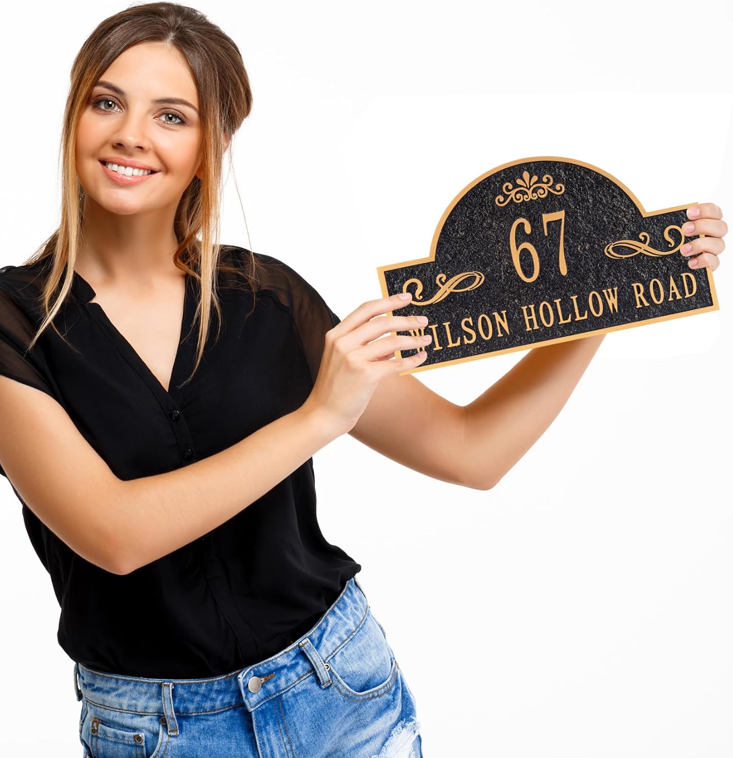Personalized Address Plaque WALL MOUNTED House Number Sign,Custom Address Sign for Outside Mailbox,Street,Apartment,Office (Arch Style 3,Black/Gold)