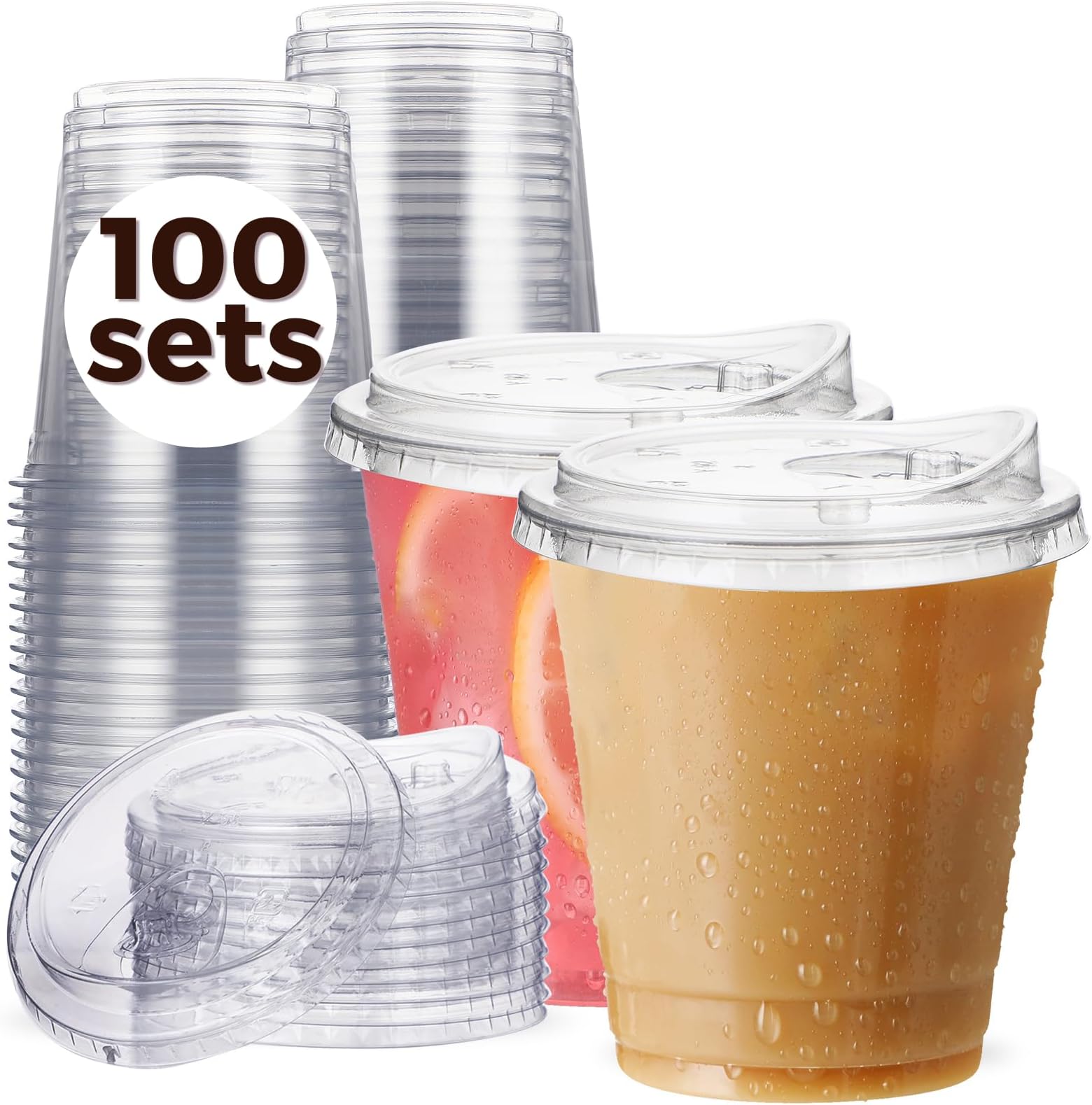 100 Pack 12 oz Clear Plastic Cups with Strawless-Sip-Lids, Disposable Cups Plastic Iced Coffee Cups, To Go Cups with Sip Through Lids for Smoothie, Milkshake, Cold Drinks for Party, Wedding, Event
