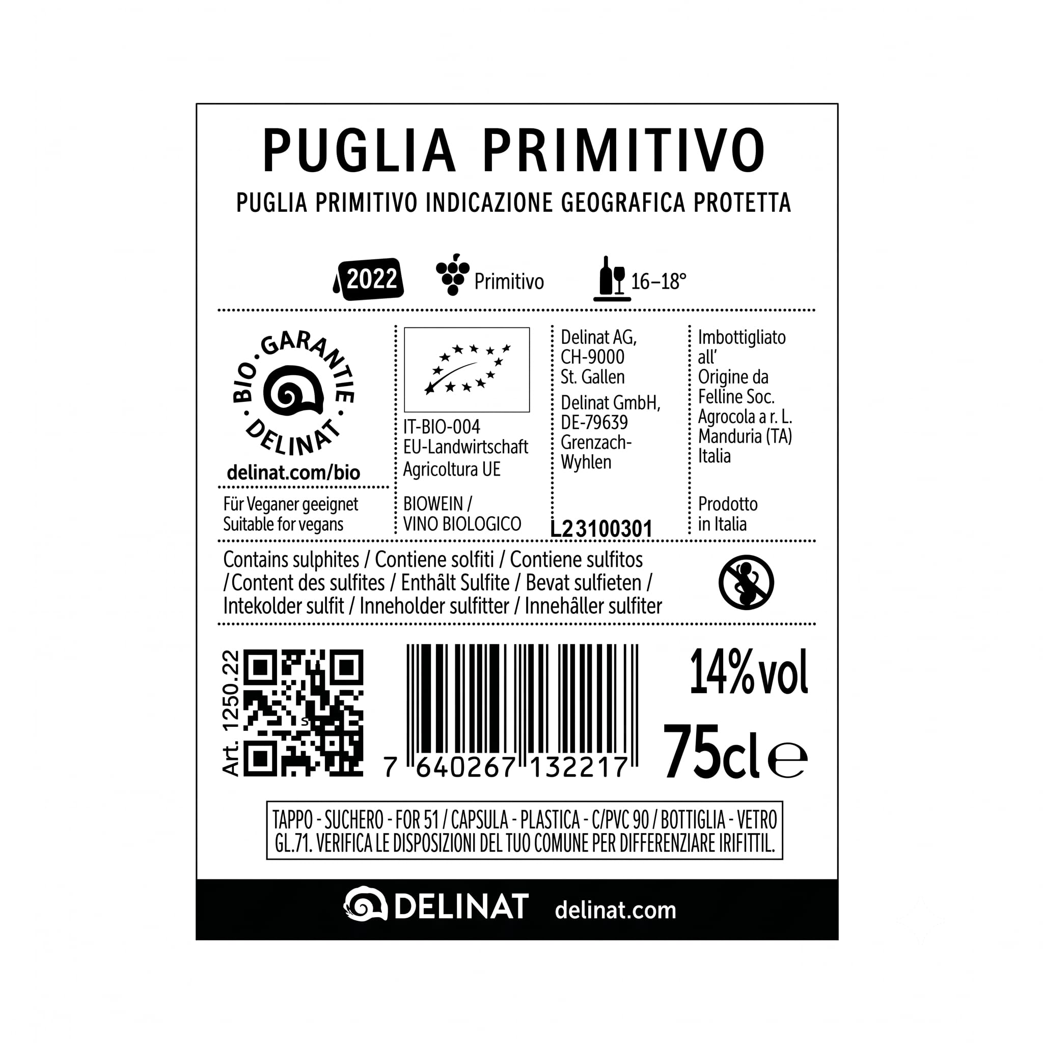 DELINAT Primitivo Puglia 2022 – Italienischer Bio-Rotwein halbtrocken | Sortenreiner Primitivo aus Apulien, fruchtig & säurearm - Veganer Premiumwein 6 x 0,75l